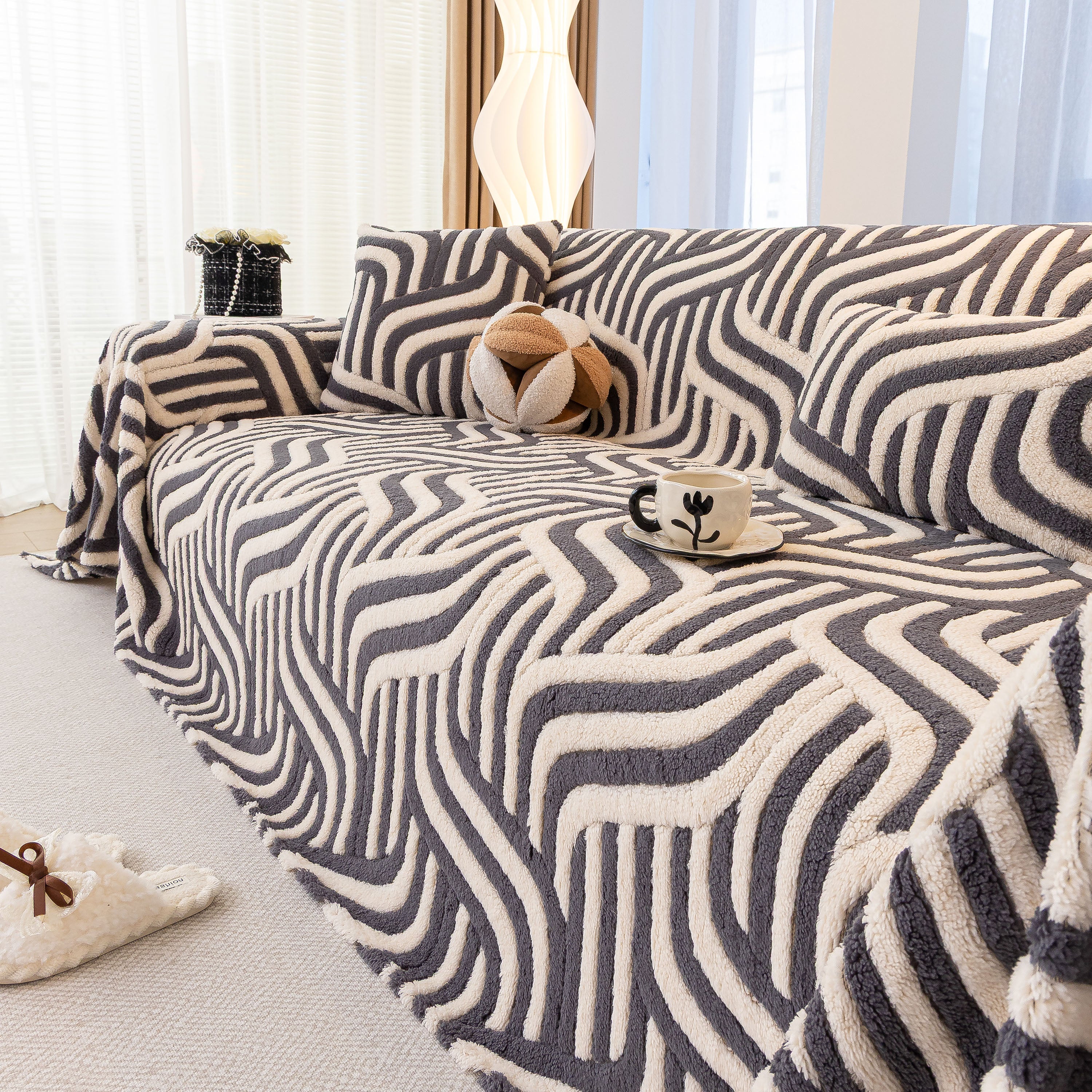 Plush Sherpa Sofa Throw Cover for Sectional, Jacquard Wave Throw Furniture Protector - Image 78