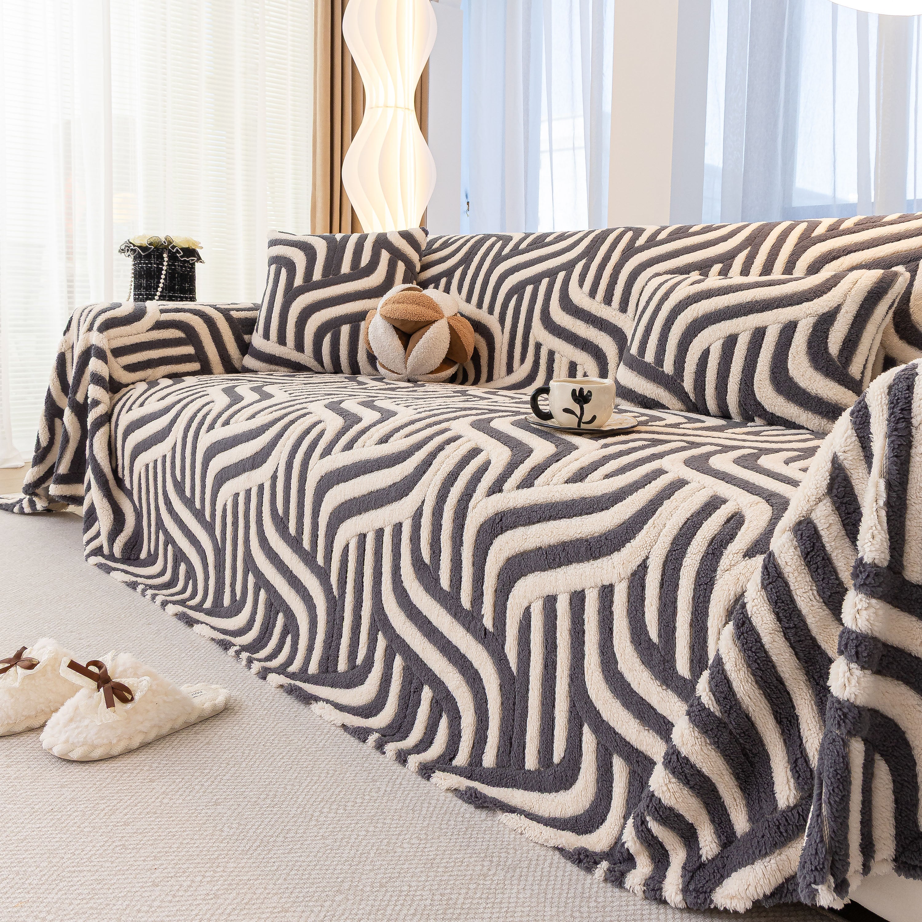 Plush Sherpa Sofa Throw Cover for Sectional, Jacquard Wave Throw Furniture Protector - Image 79
