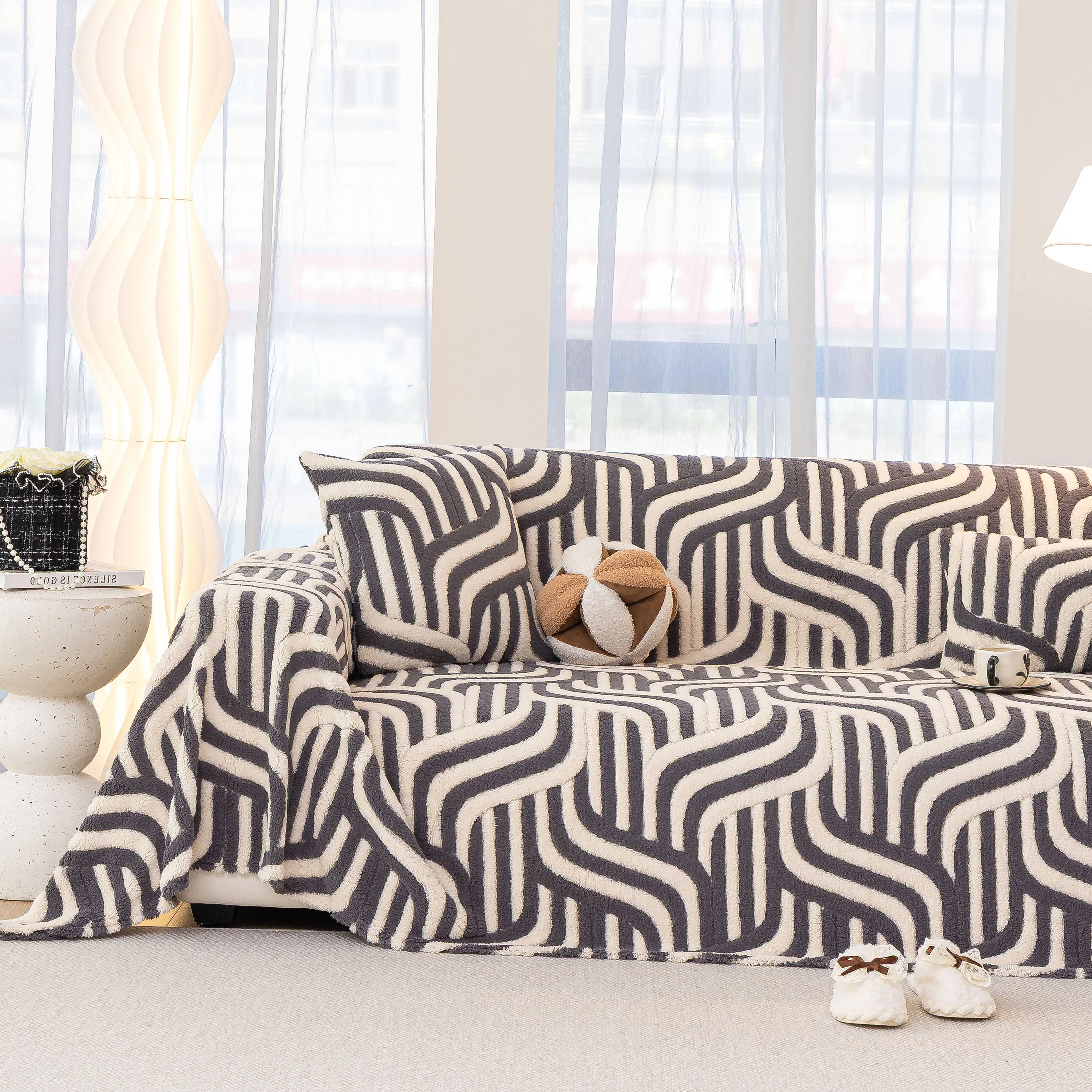 Plush Sherpa Sofa Throw Cover for Sectional, Jacquard Wave Throw Furniture Protector - Image 80