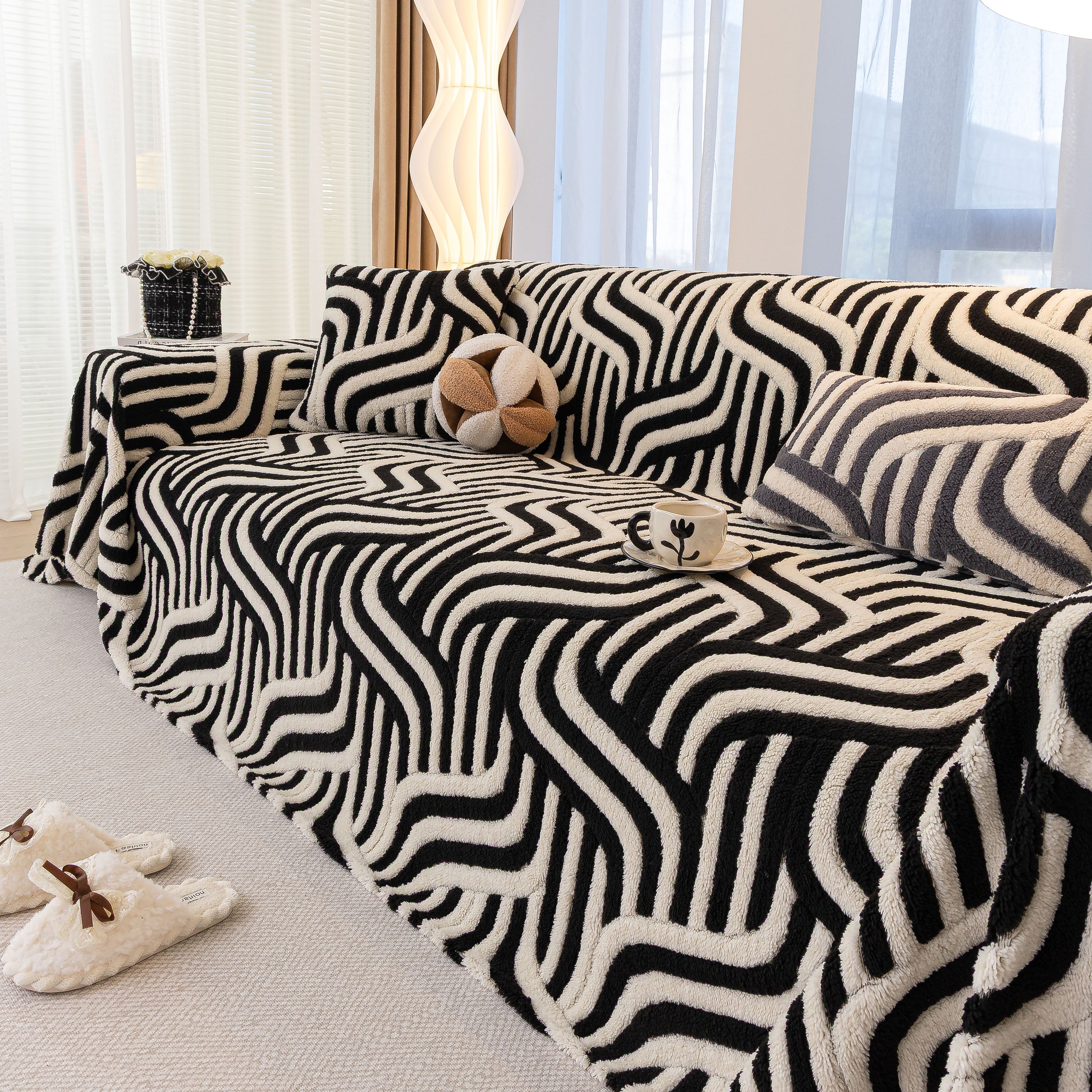 Plush Sherpa Sofa Throw Cover for Sectional, Jacquard Wave Throw Furniture Protector - Image 81