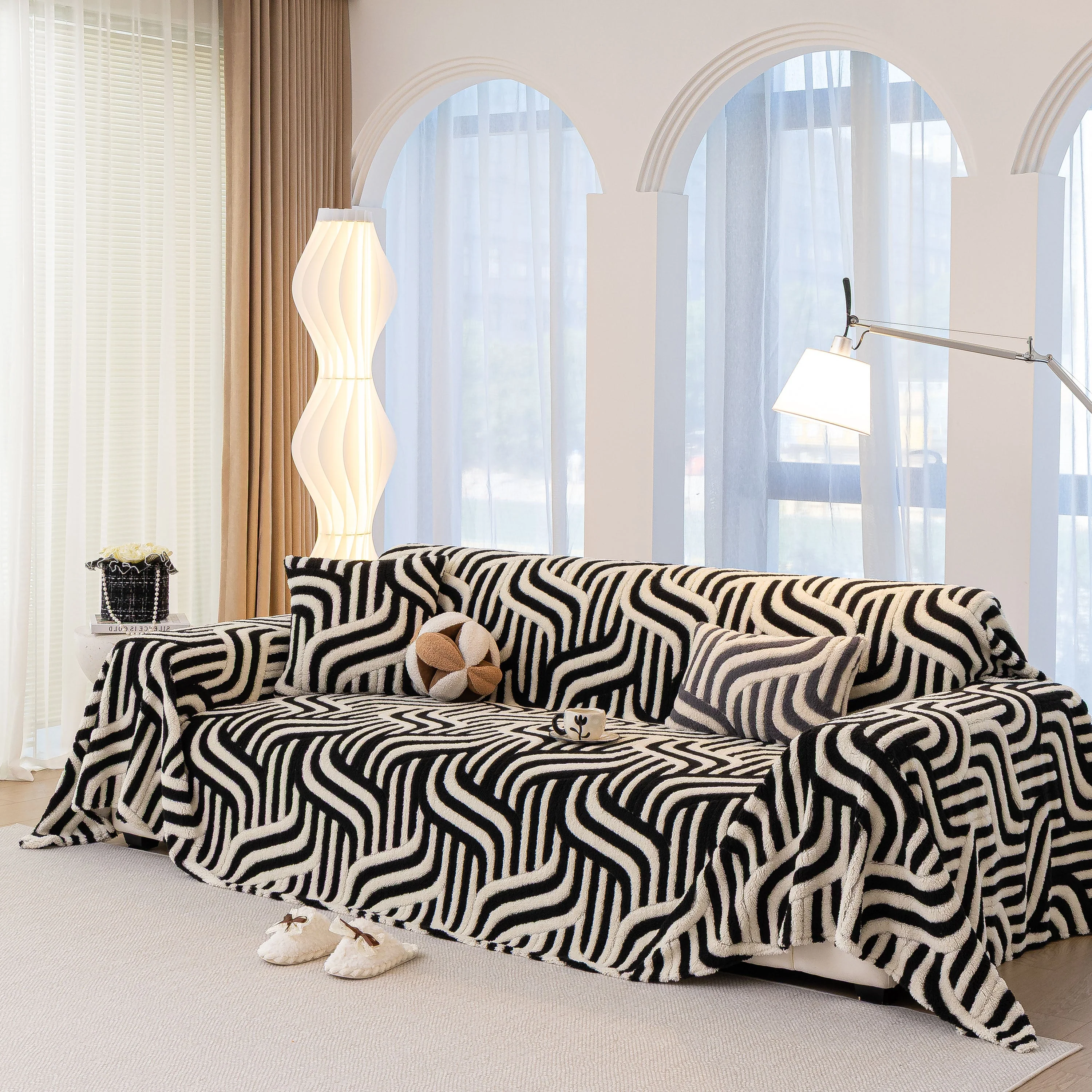 Plush Sherpa Sofa Throw Cover for Sectional, Jacquard Wave Throw Furniture Protector - Image 82