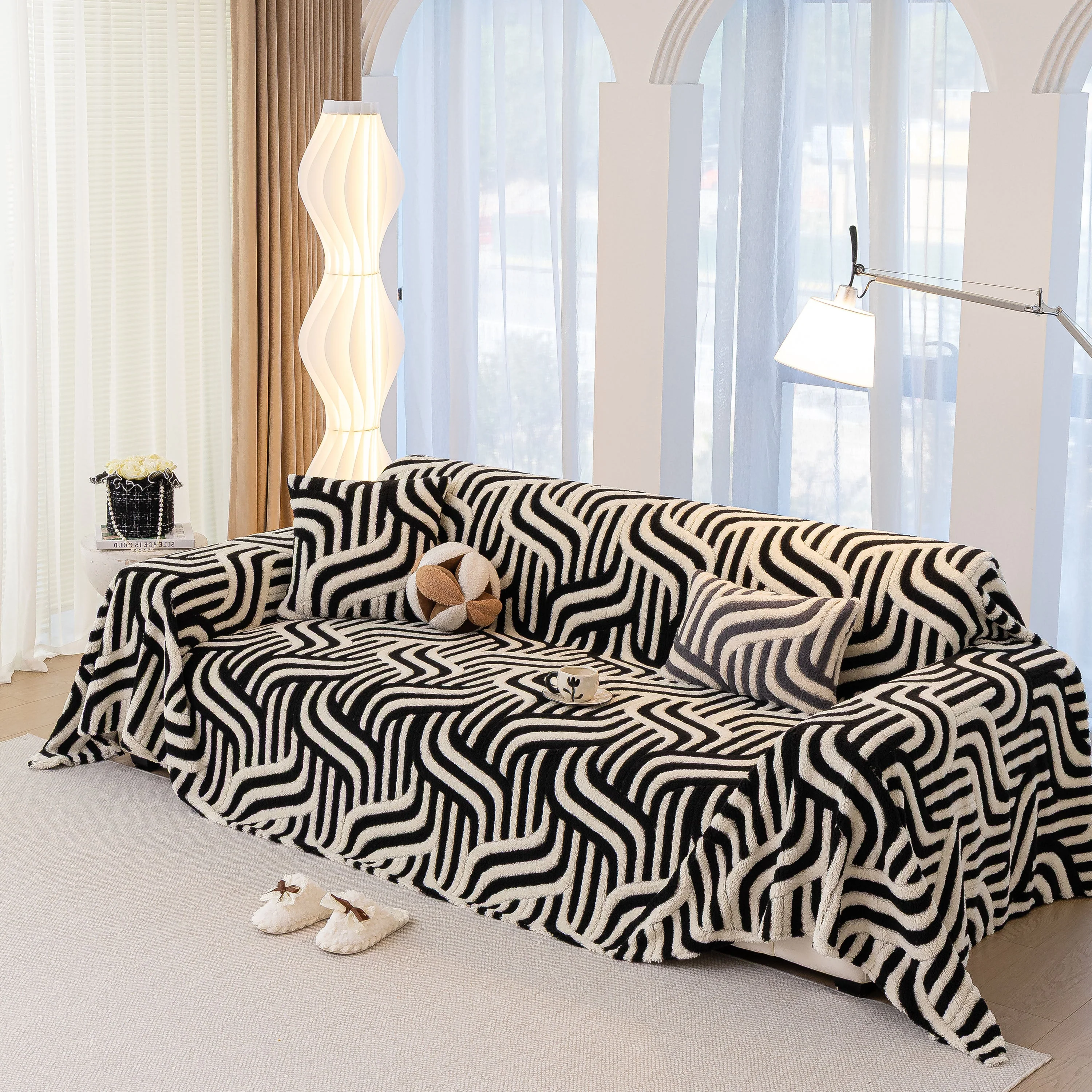 Plush Sherpa Sofa Throw Cover for Sectional, Jacquard Wave Throw Furniture Protector - Image 83