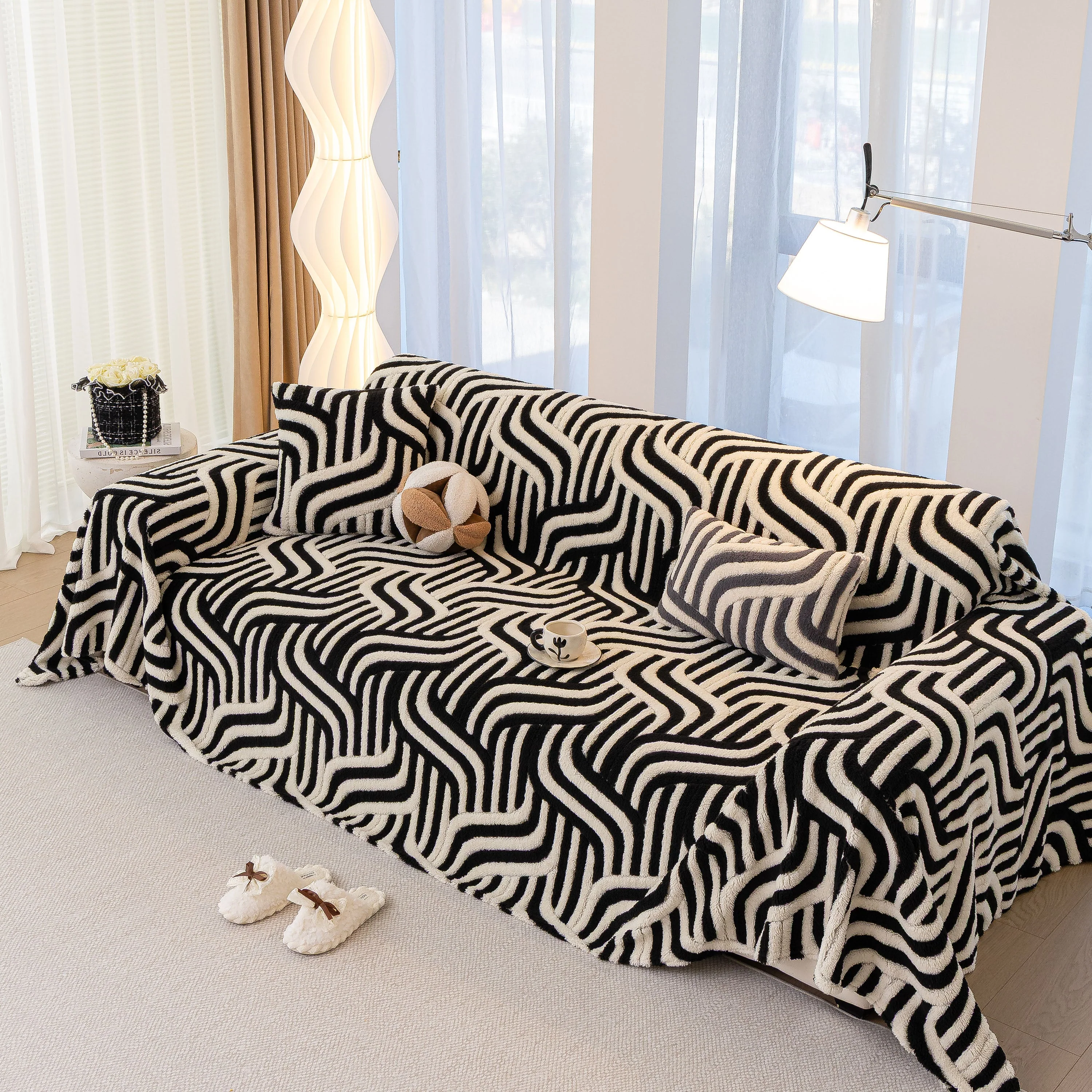 Plush Sherpa Sofa Throw Cover for Sectional, Jacquard Wave Throw Furniture Protector - Image 84