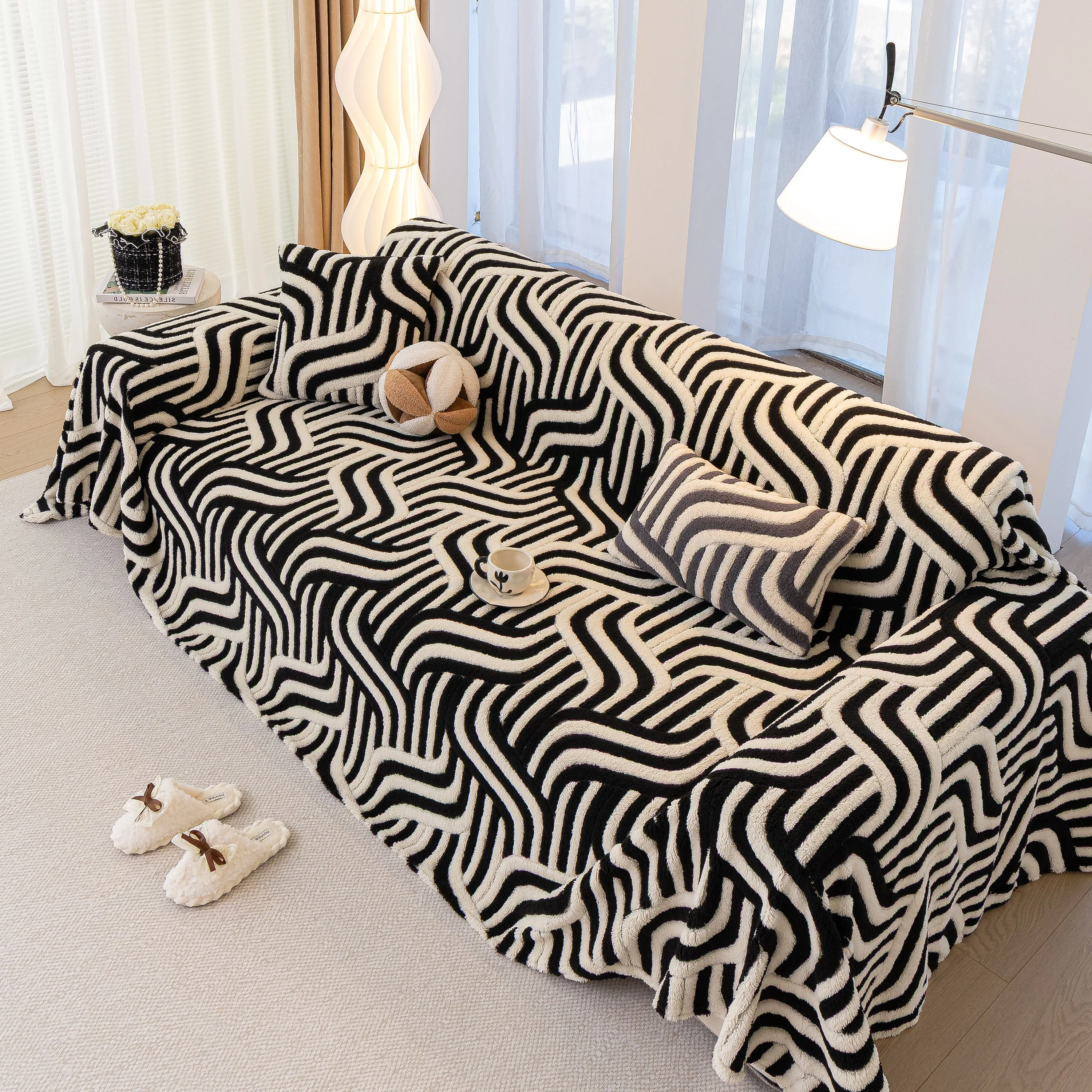 Plush Sherpa Sofa Throw Cover for Sectional, Jacquard Wave Throw Furniture Protector - Image 85