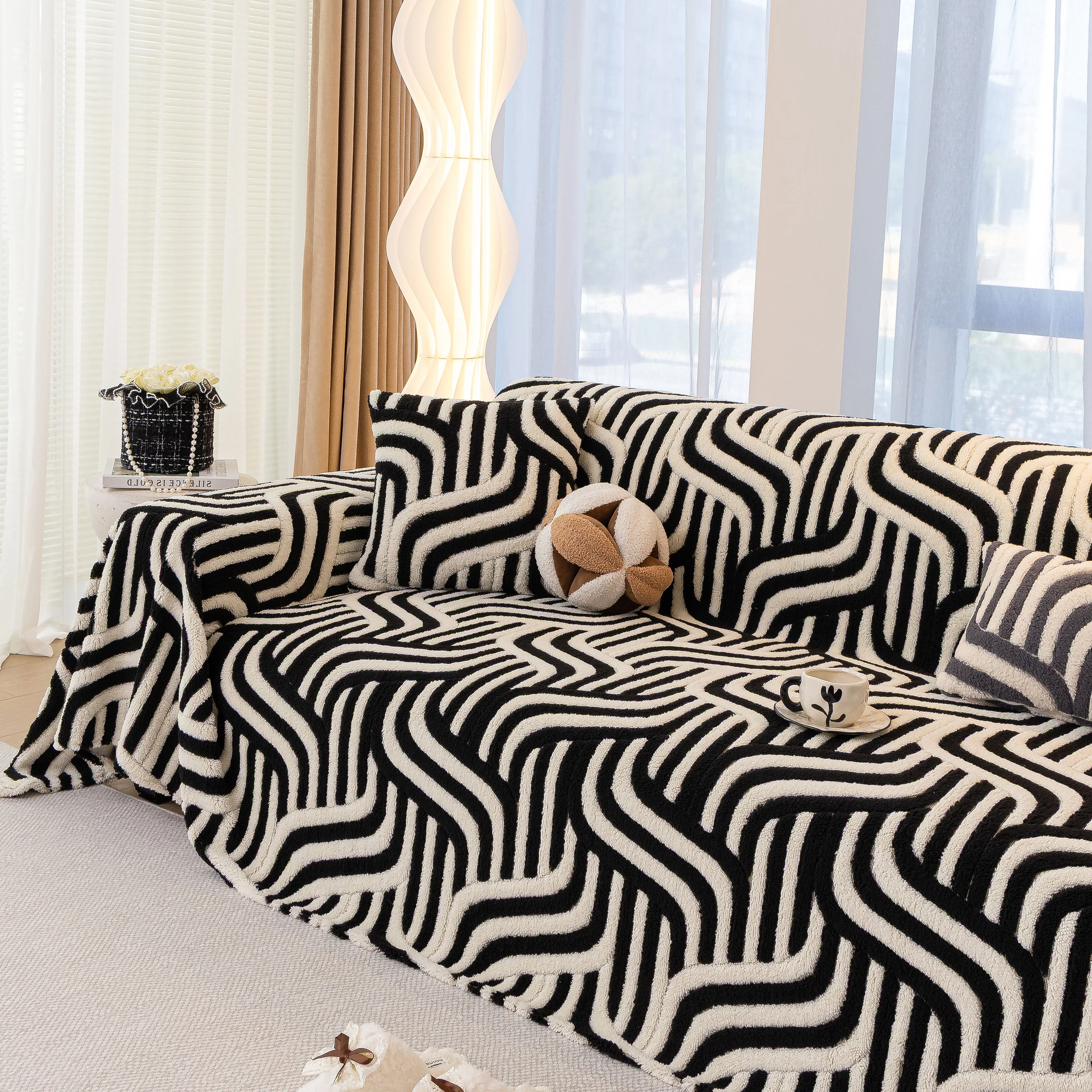 Plush Sherpa Sofa Throw Cover for Sectional, Jacquard Wave Throw Furniture Protector - Image 86