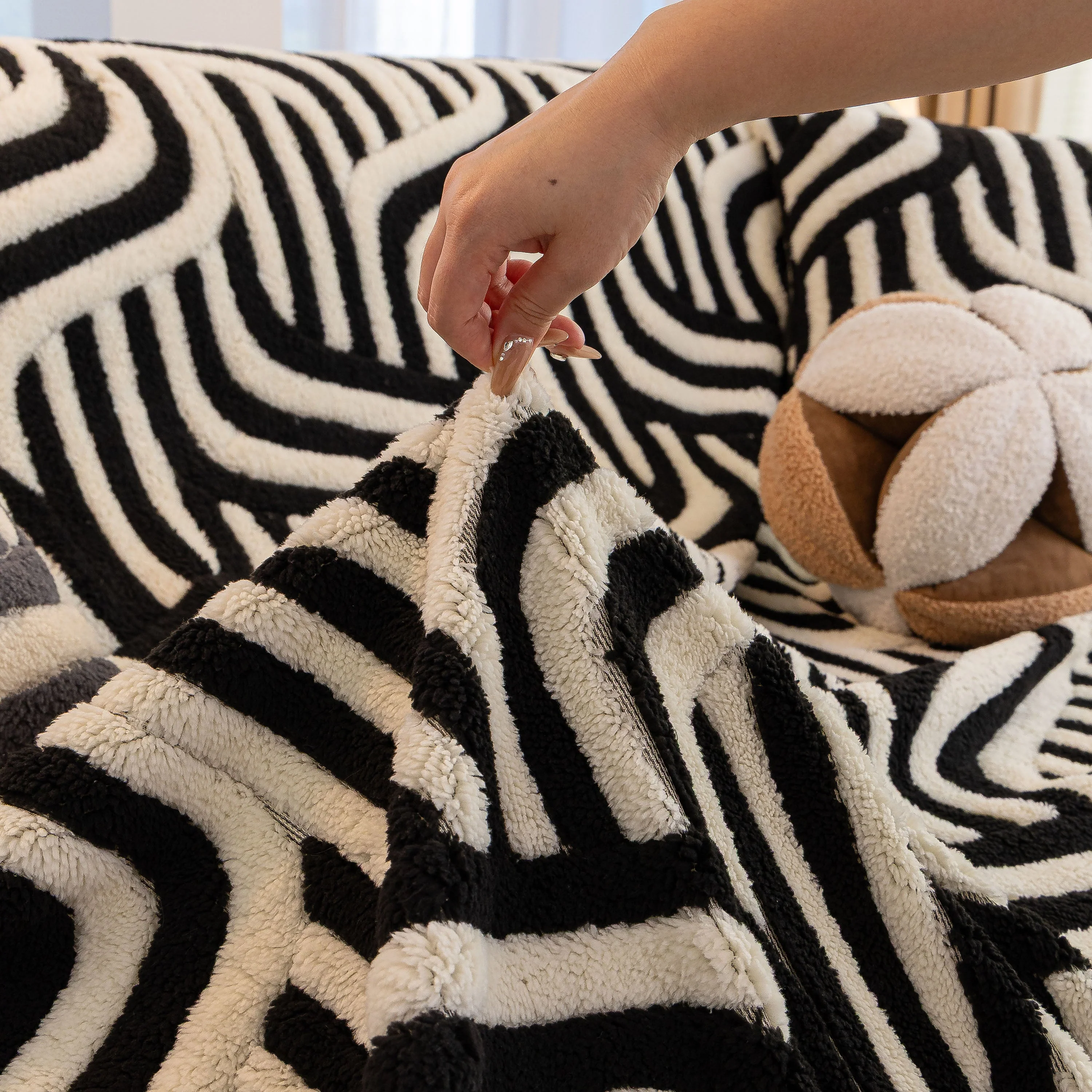 Plush Sherpa Sofa Throw Cover for Sectional, Jacquard Wave Throw Furniture Protector - Image 91