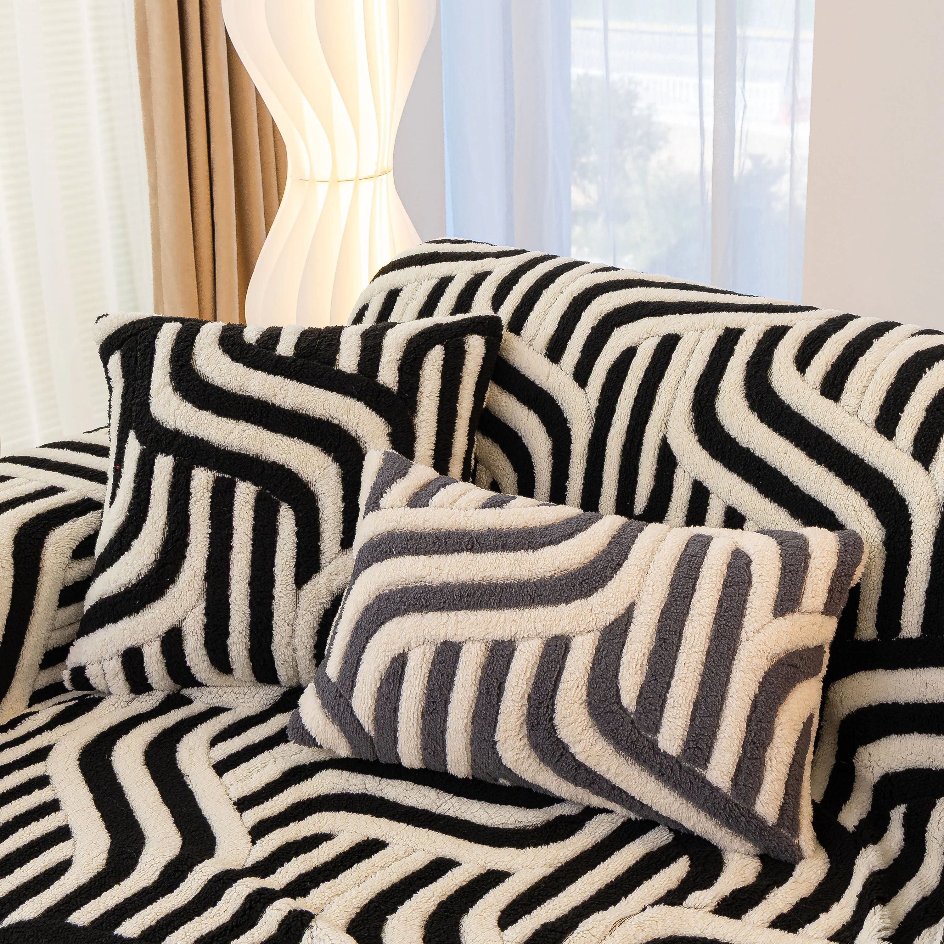 Plush Sherpa Sofa Throw Cover for Sectional, Jacquard Wave Throw Furniture Protector - Image 92