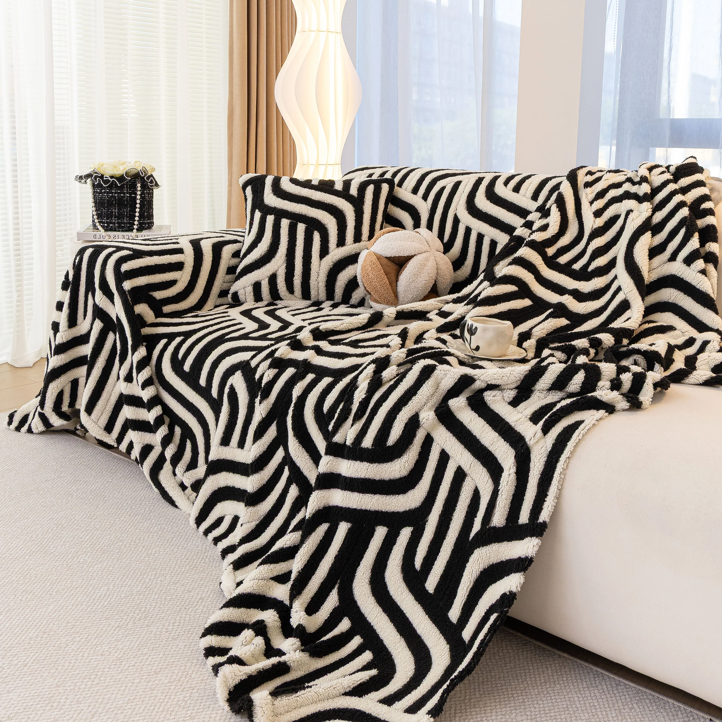 Plush Sherpa Sofa Throw Cover for Sectional, Jacquard Wave Throw Furniture Protector - Image 93