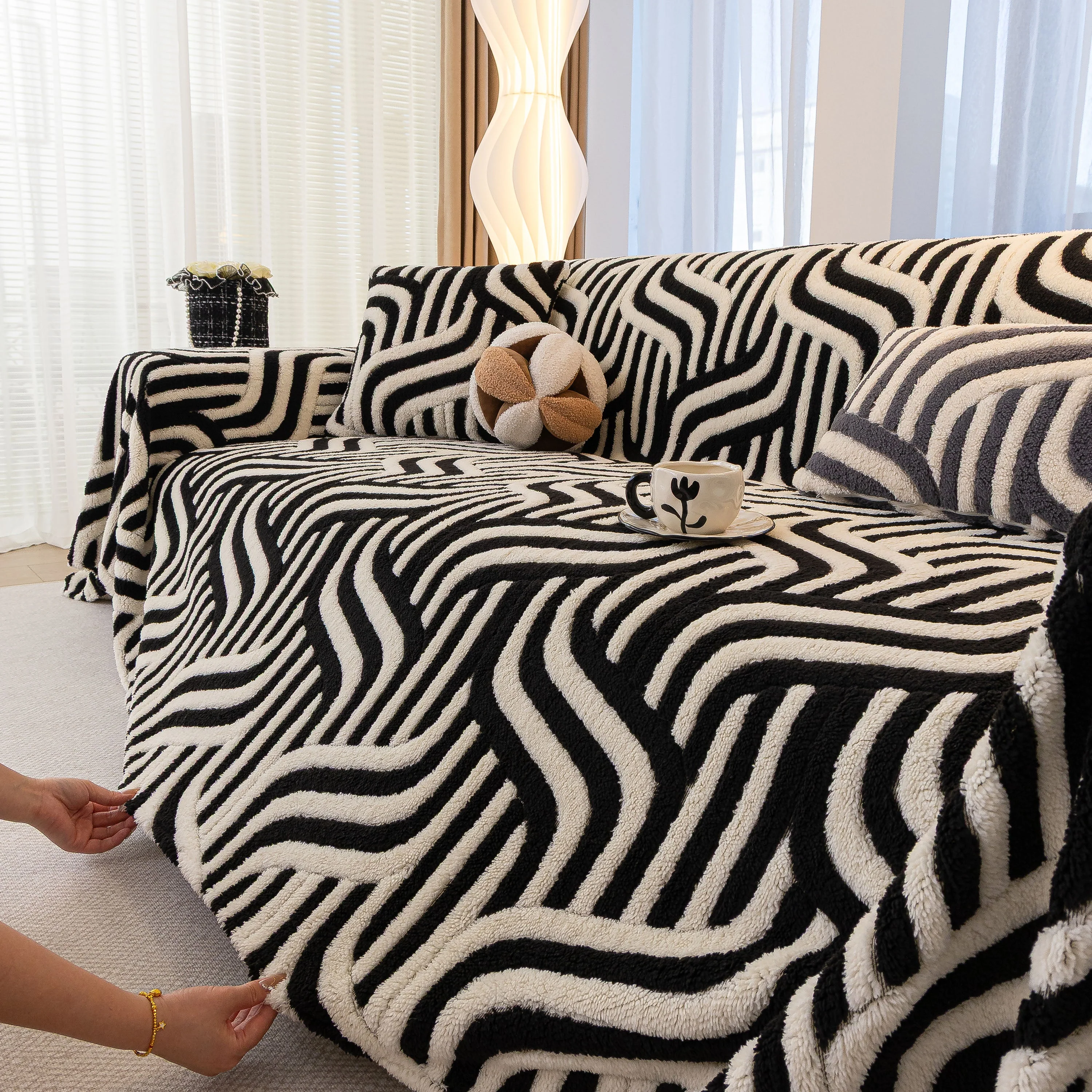 Plush Sherpa Sofa Throw Cover for Sectional, Jacquard Wave Throw Furniture Protector - Image 97