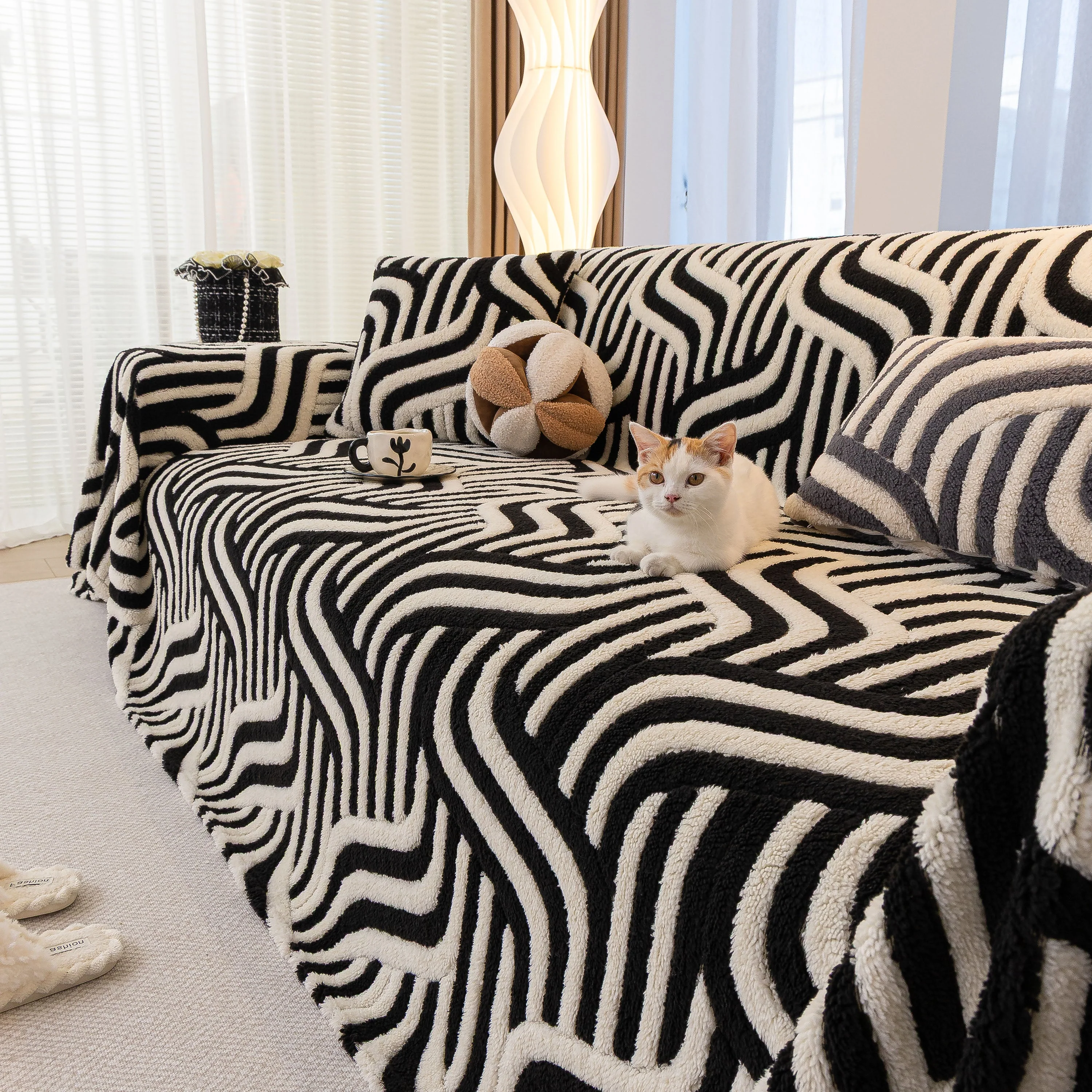 Plush Sherpa Sofa Throw Cover for Sectional, Jacquard Wave Throw Furniture Protector - Image 99