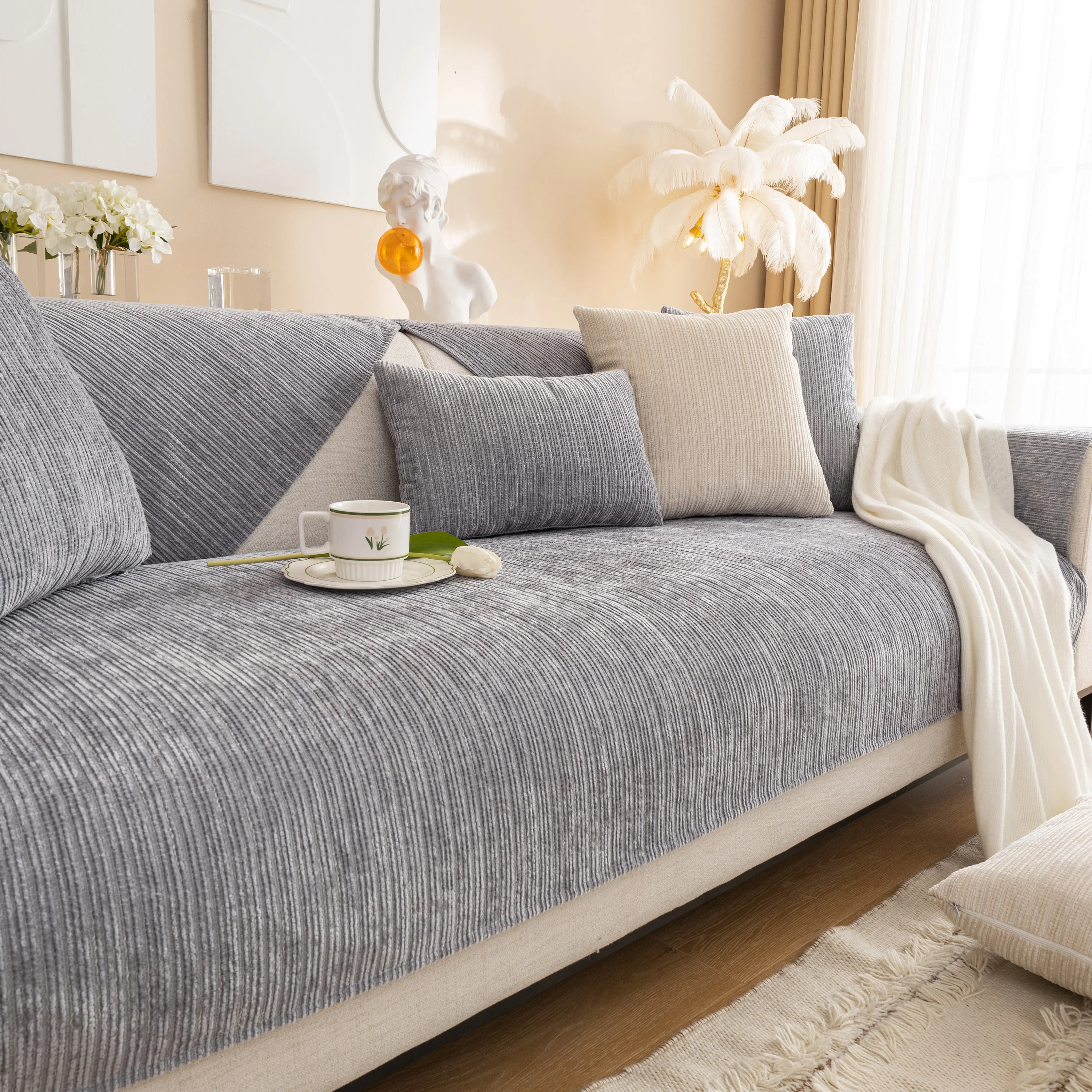 Plush Solid Color Striped L-Shaped Sofa Slipcovers, Washable Non-Slip Textured Furniture Covers - Image 13