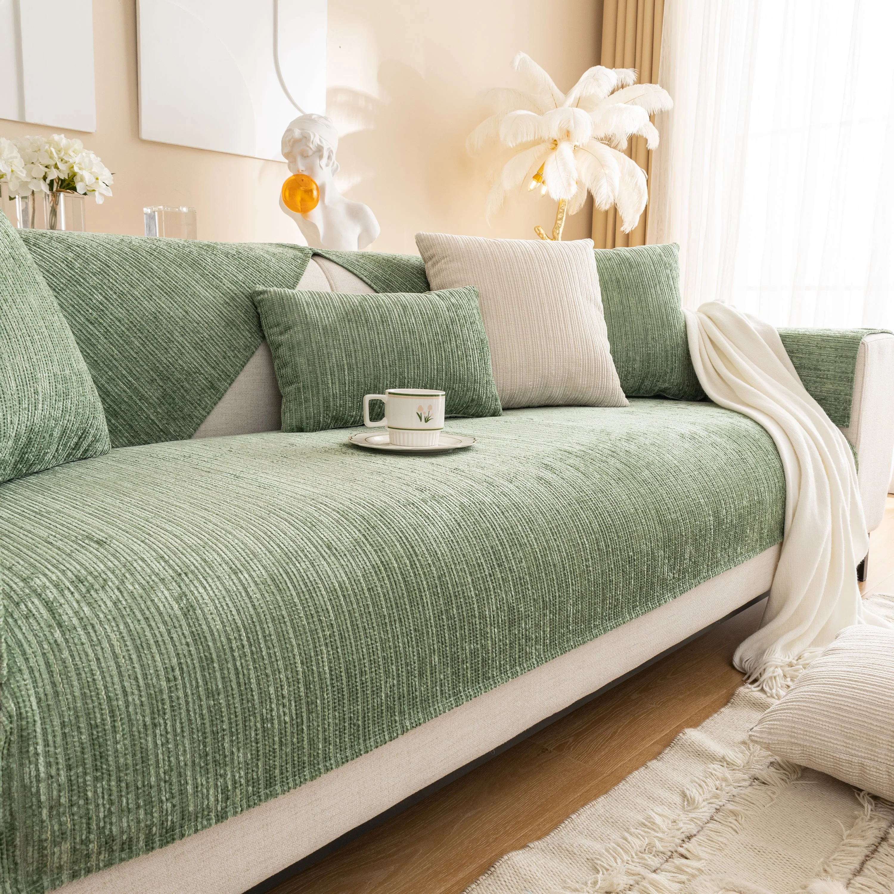 Plush Solid Color Striped L-Shaped Sofa Slipcovers, Washable Non-Slip Textured Furniture Covers - Image 14