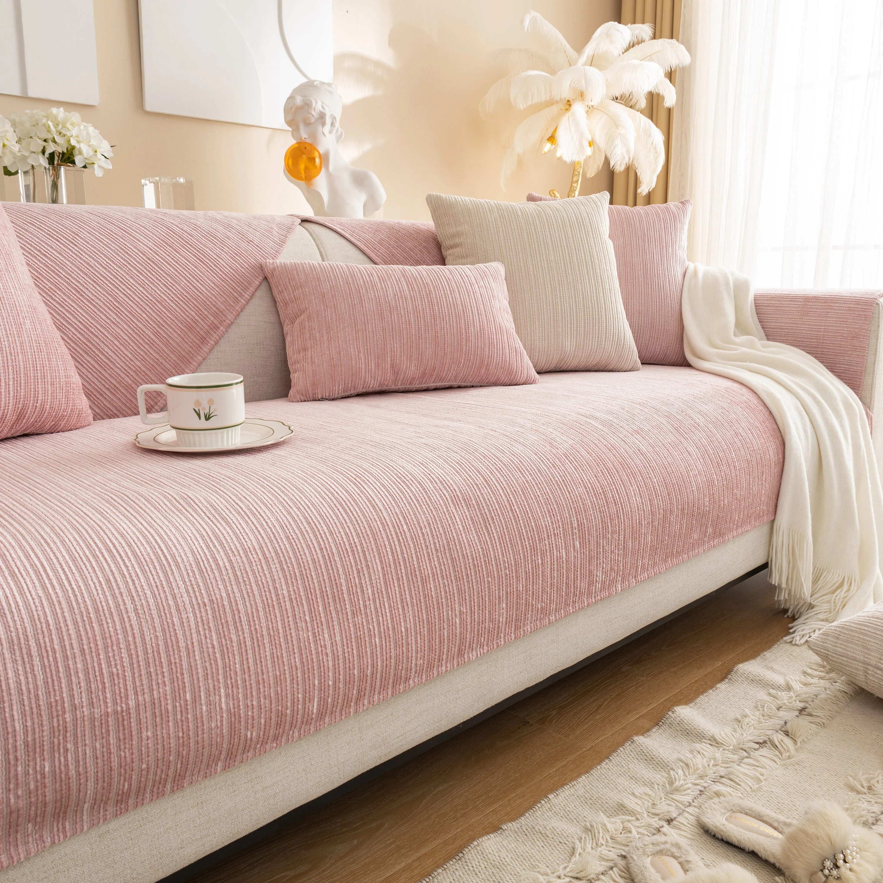 Plush Solid Color Striped L-Shaped Sofa Slipcovers, Washable Non-Slip Textured Furniture Covers - Image 15