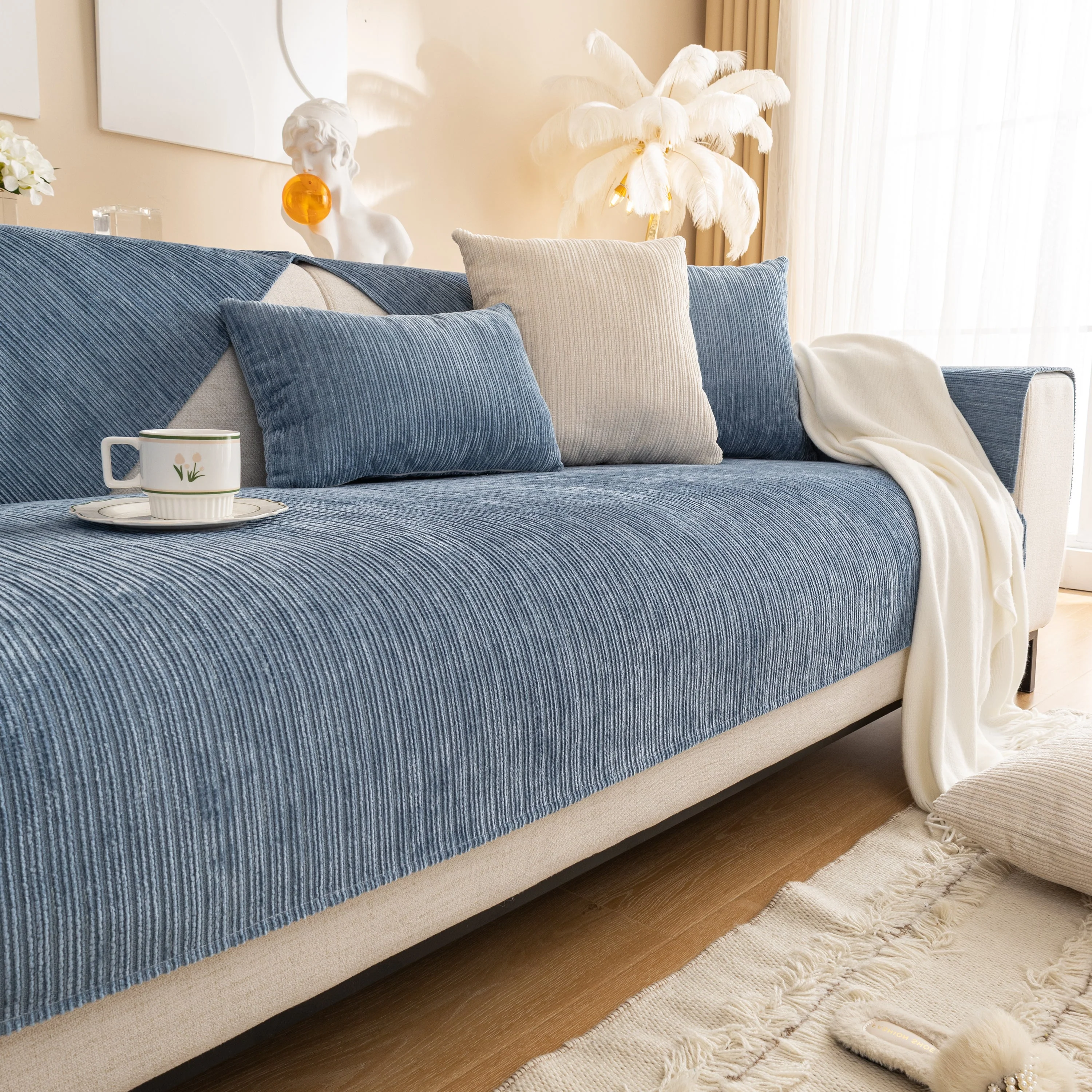 Plush Solid Color Striped L-Shaped Sofa Slipcovers, Washable Non-Slip Textured Furniture Covers - Image 16