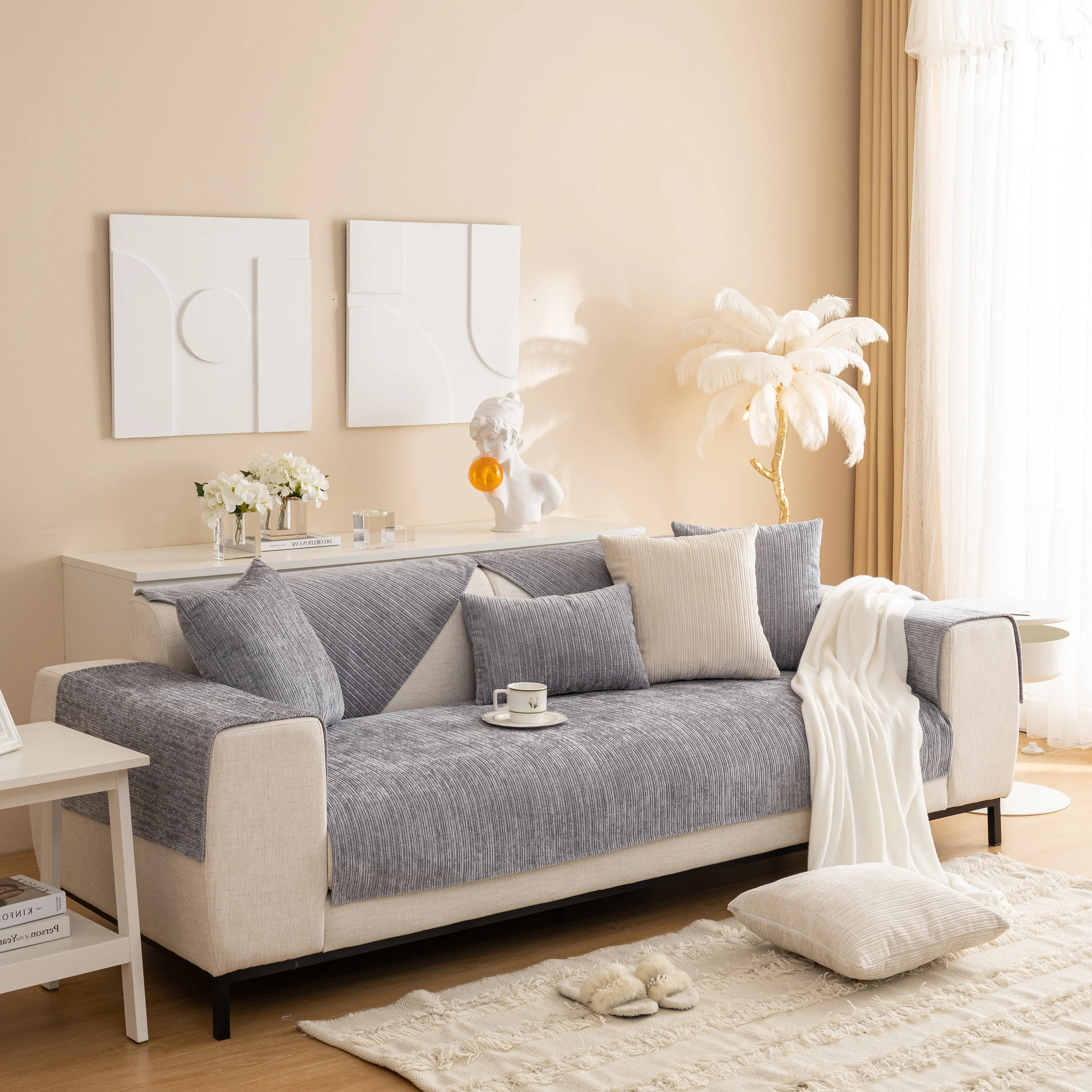 Plush Solid Color Striped L-Shaped Sofa Slipcovers, Washable Non-Slip Textured Furniture Covers - Image 23