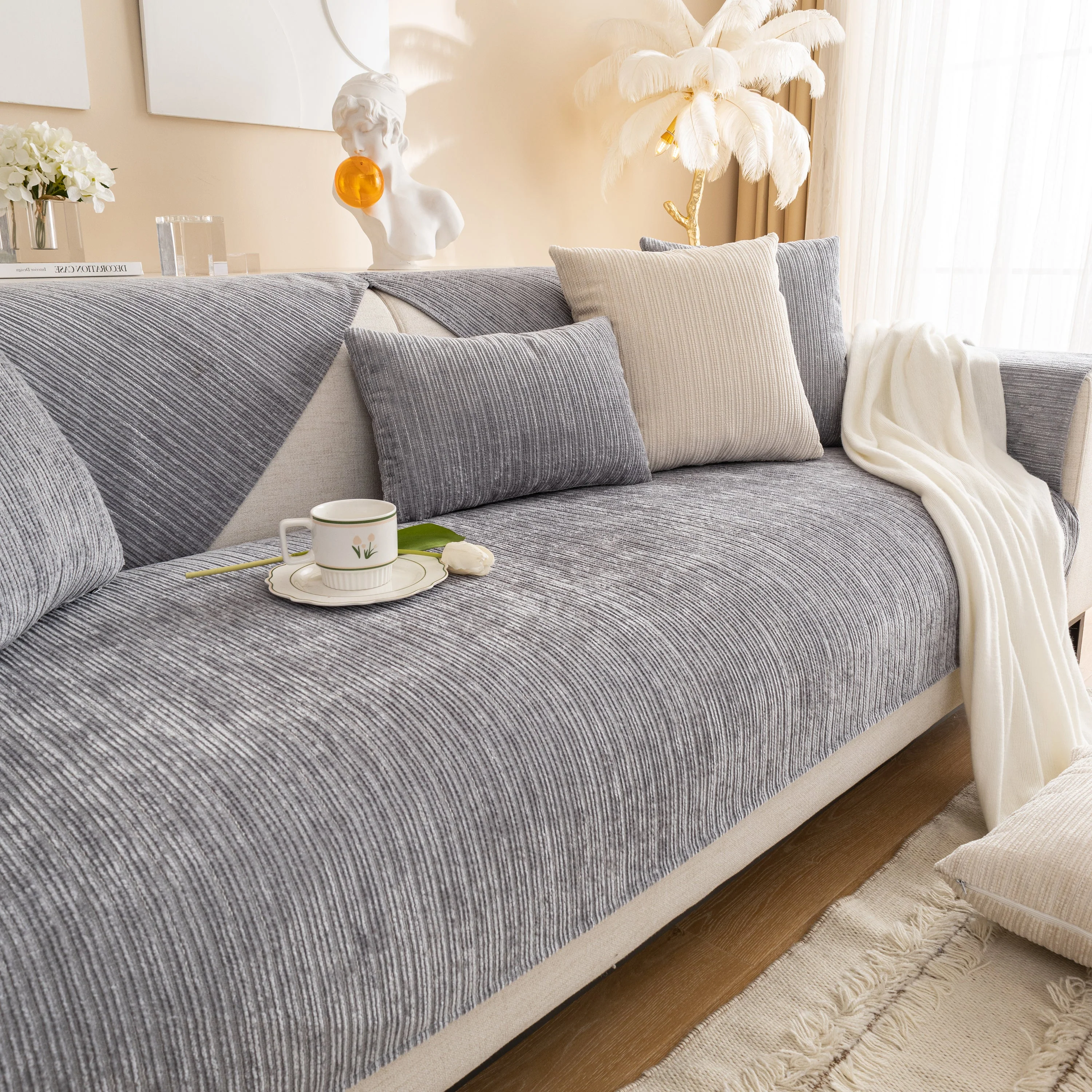 Plush Solid Color Striped L-Shaped Sofa Slipcovers, Washable Non-Slip Textured Furniture Covers - Image 24