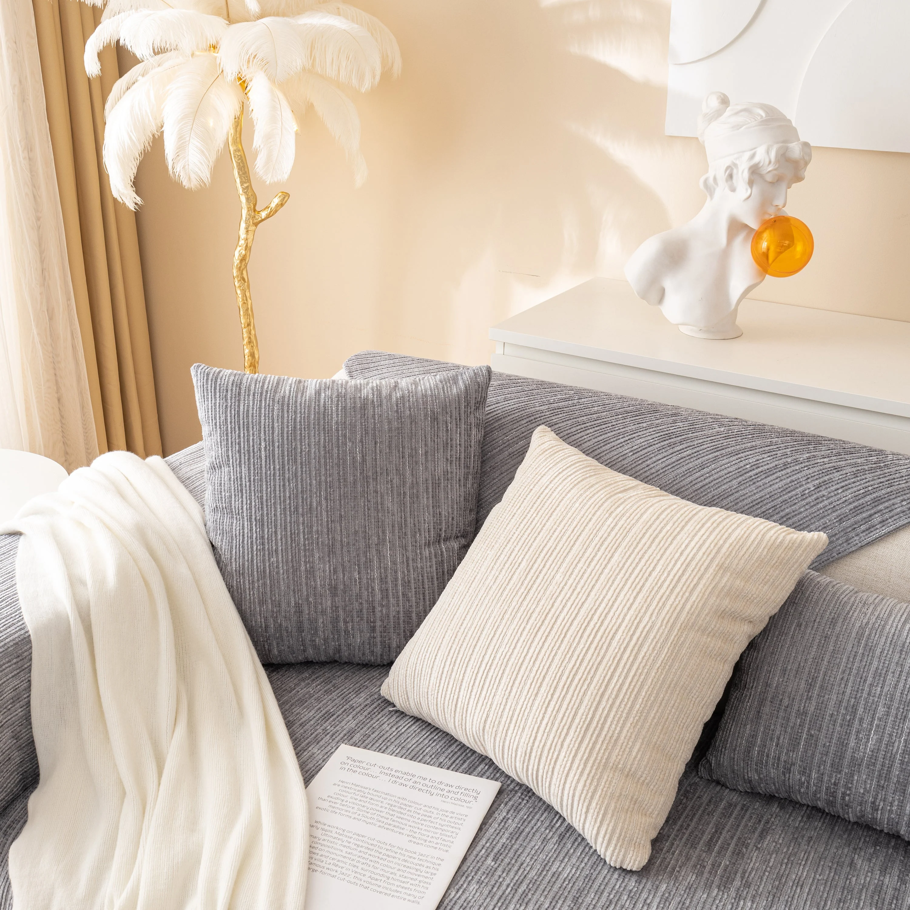 Plush Solid Color Striped L-Shaped Sofa Slipcovers, Washable Non-Slip Textured Furniture Covers - Image 25