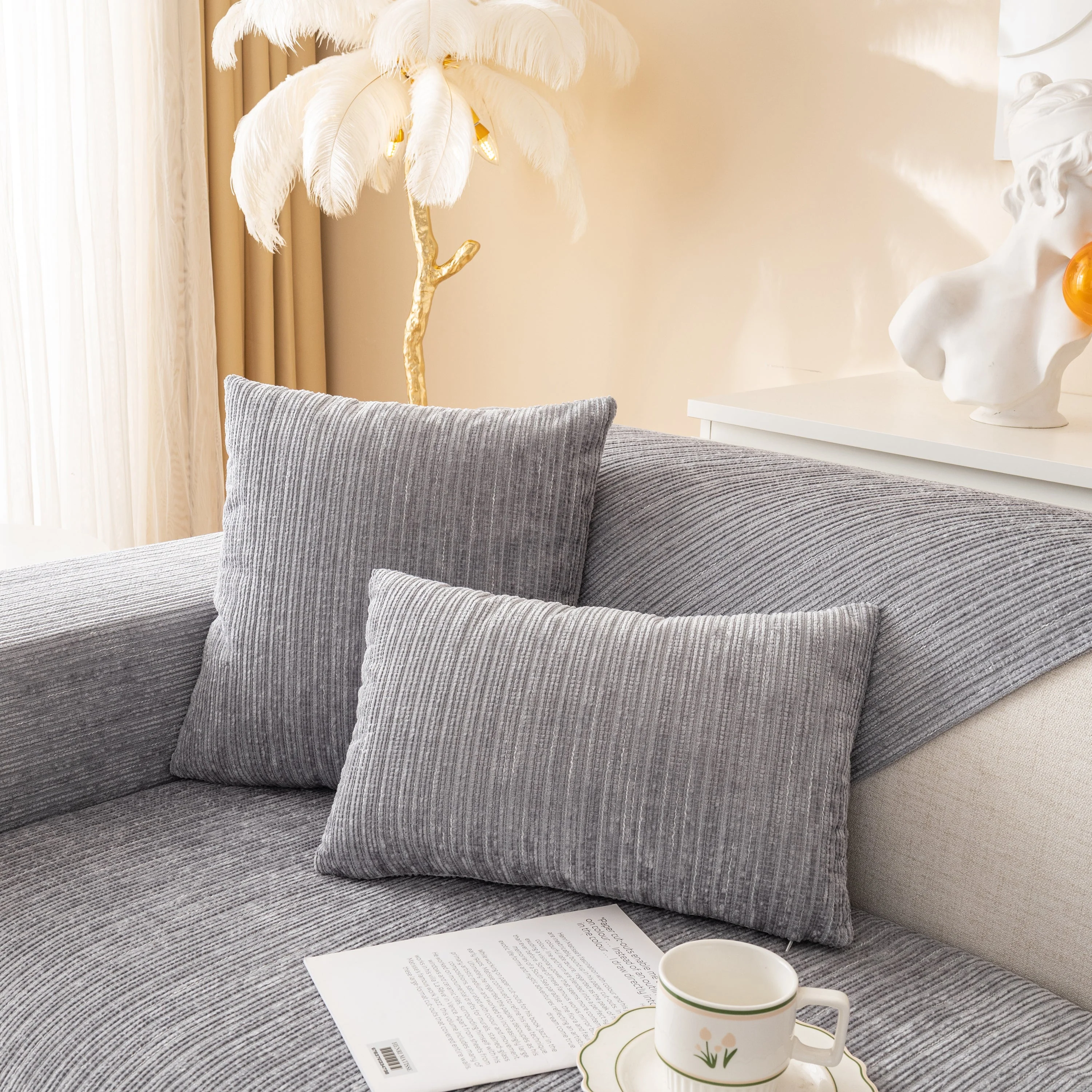 Plush Solid Color Striped L-Shaped Sofa Slipcovers, Washable Non-Slip Textured Furniture Covers - Image 26