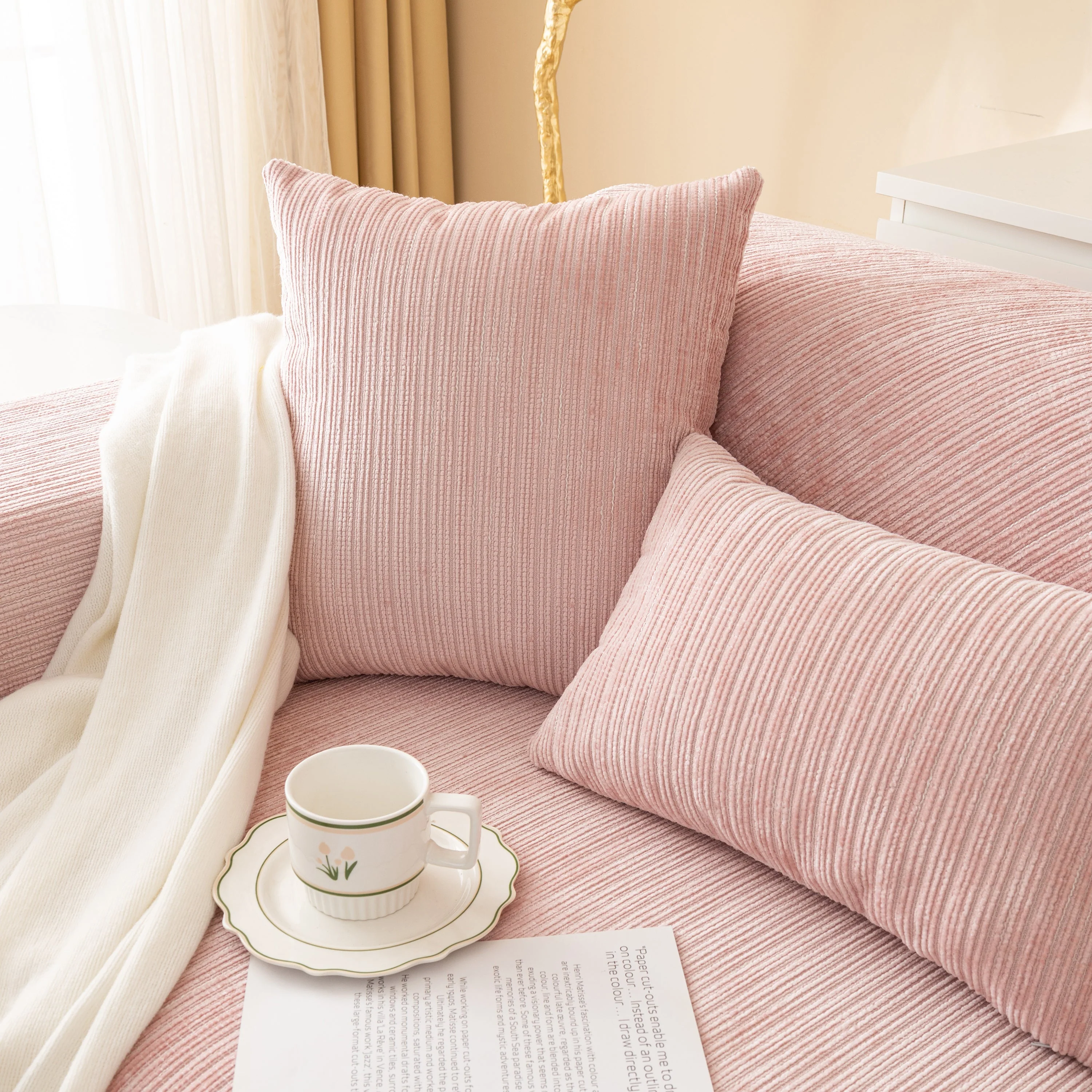 Plush Solid Color Striped L-Shaped Sofa Slipcovers, Washable Non-Slip Textured Furniture Covers - Image 33
