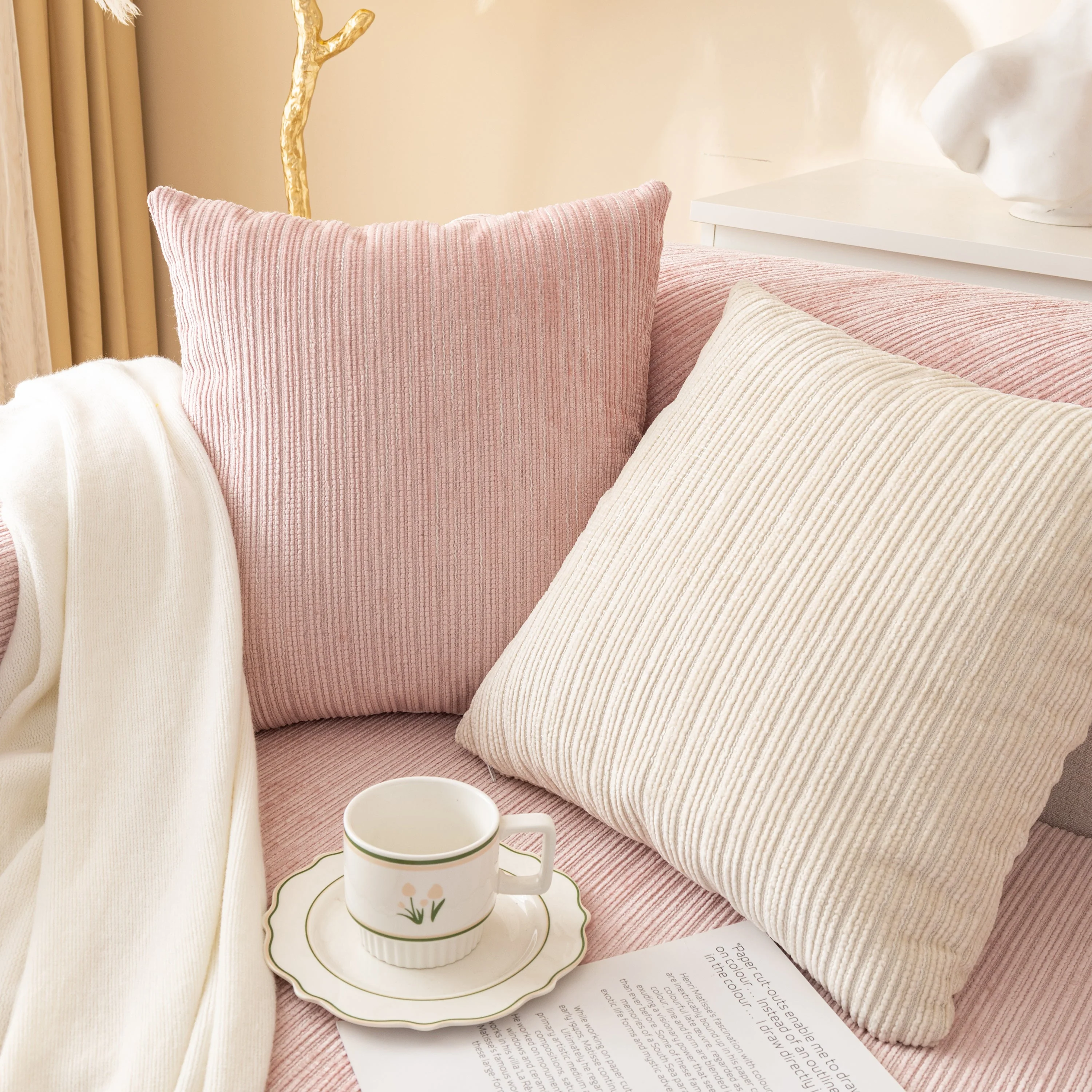 Plush Solid Color Striped L-Shaped Sofa Slipcovers, Washable Non-Slip Textured Furniture Covers - Image 34
