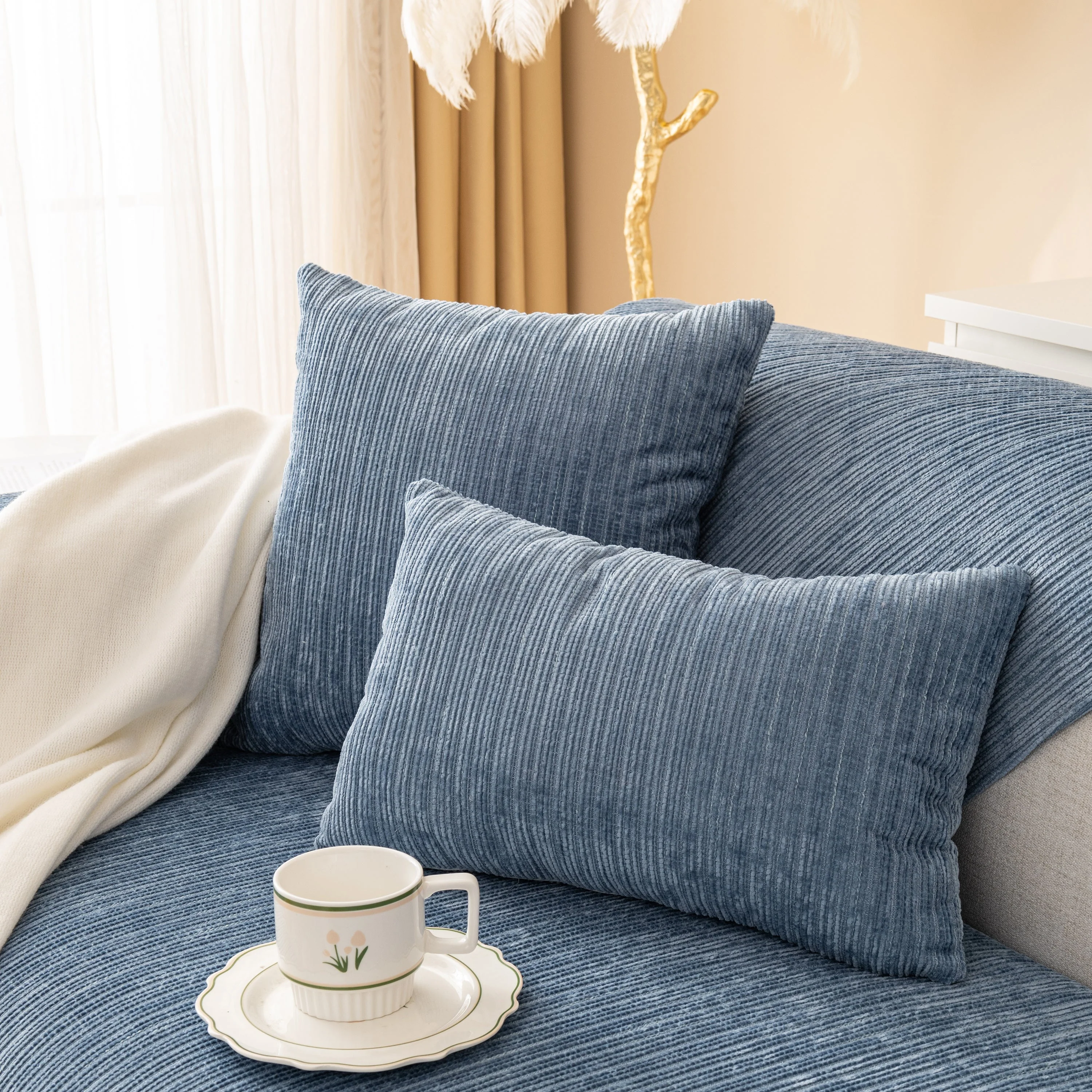 Plush Solid Color Striped L-Shaped Sofa Slipcovers, Washable Non-Slip Textured Furniture Covers - Image 40