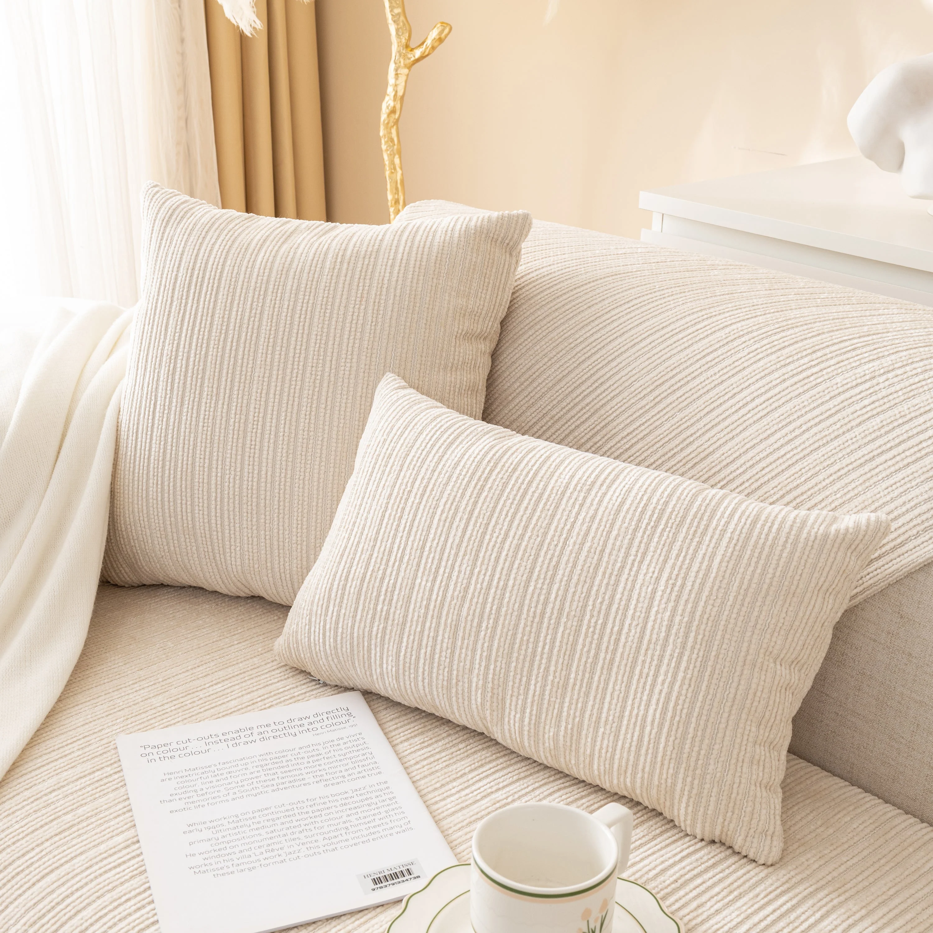 Plush Solid Color Striped L-Shaped Sofa Slipcovers, Washable Non-Slip Textured Furniture Covers - Image 5