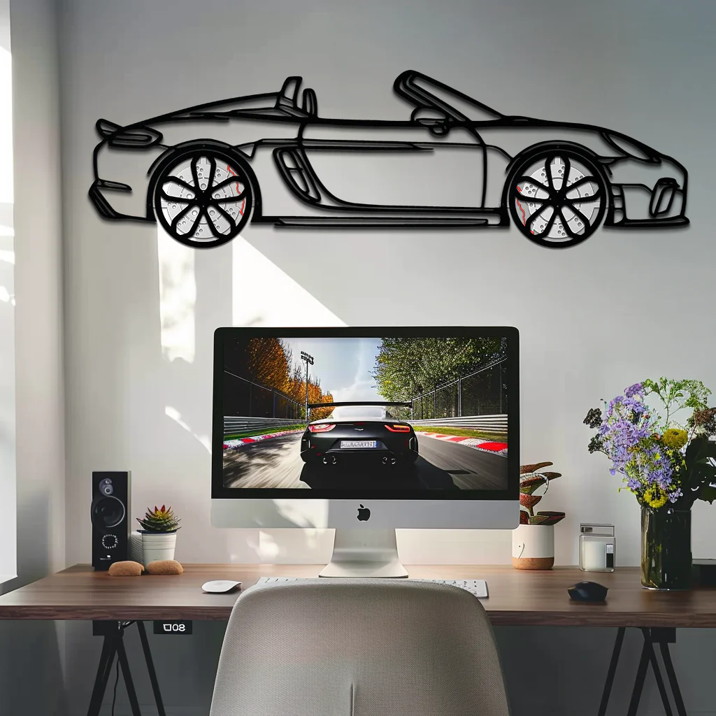 Porsche 718 Spyder Metal Wall Art – Rotating Wheel Car Silhouette Decor for Garage & Gifts,KAFMEKA054 - Image 3