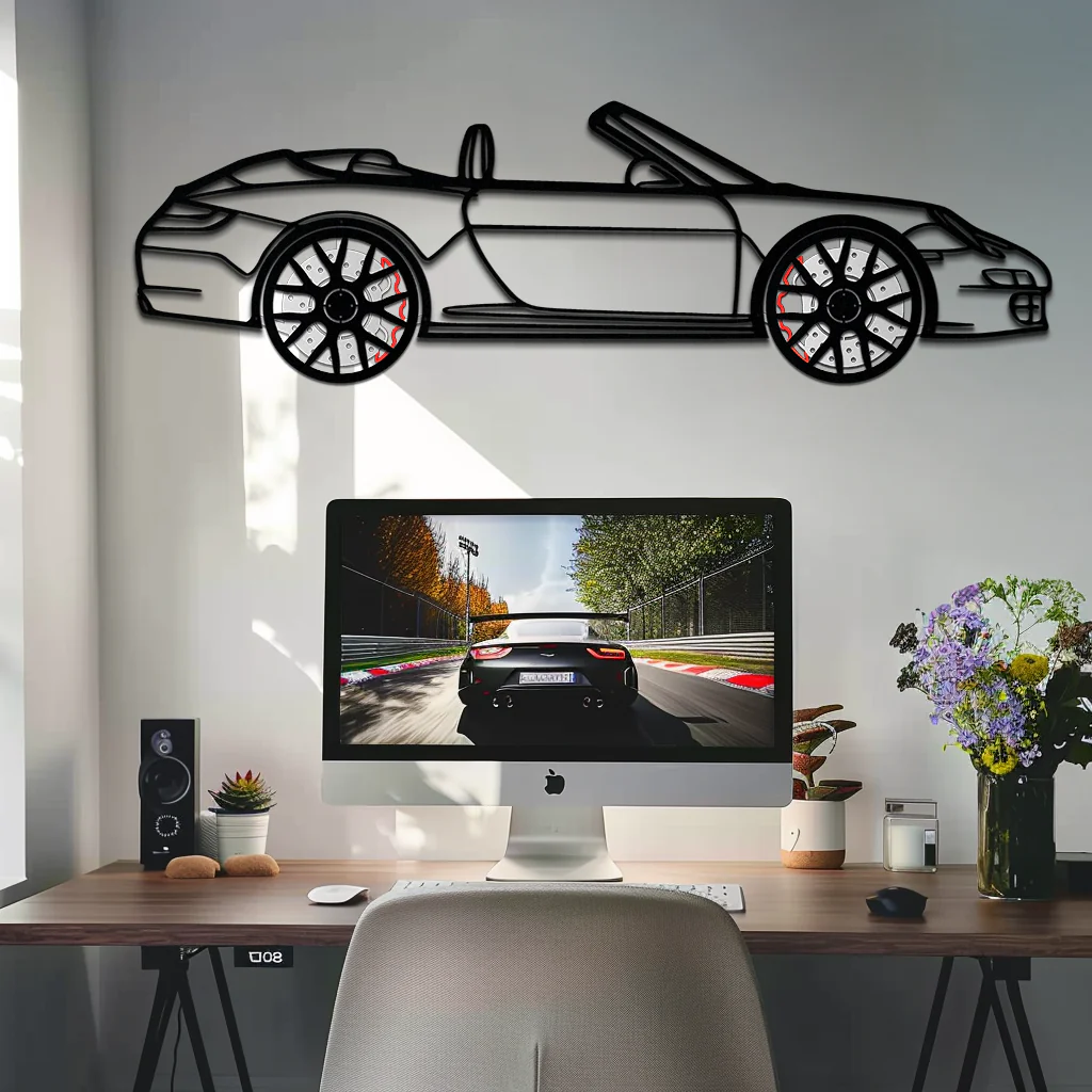 Porsche-Inspired Cabrio Silhouette Metal Wall Art – Rotating Wheel Garage Decor Gift,KAFMEKA055 - Image 2