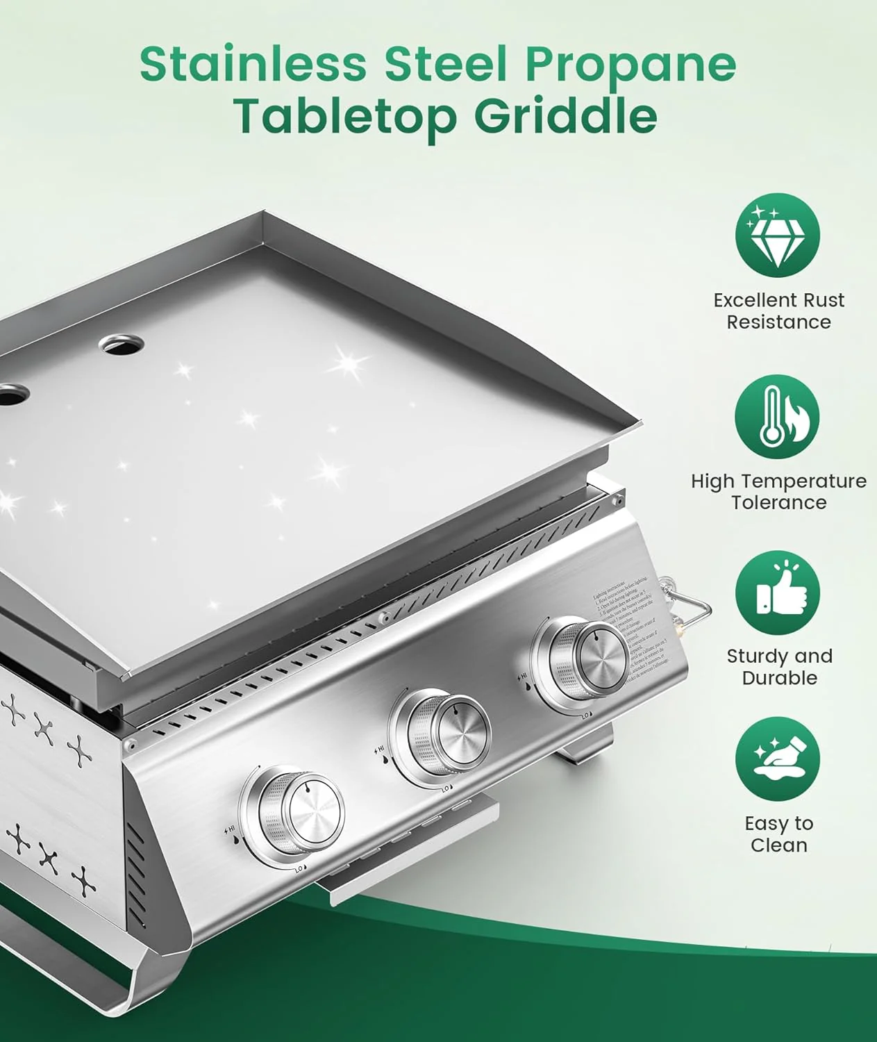 Portable 20-Inch 3-Burner Table Top Gas Grill Griddle - Image 2