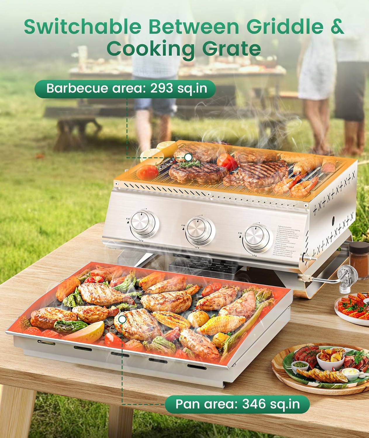 Portable 20-Inch 3-Burner Table Top Gas Grill Griddle - Image 3