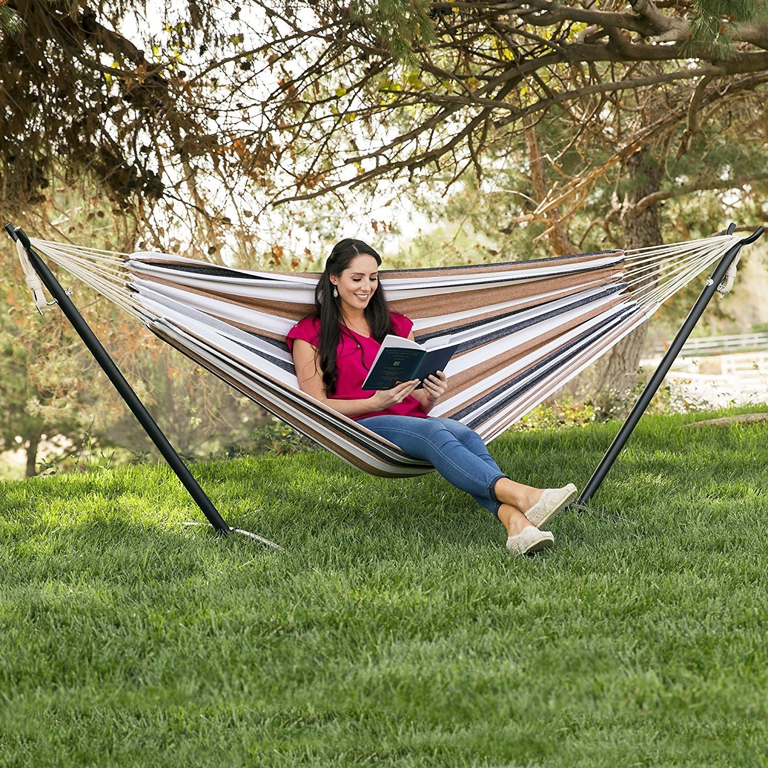 Portable Cotton Hammock in Desert Strip with Metal Stand and Carry Case - Image 2