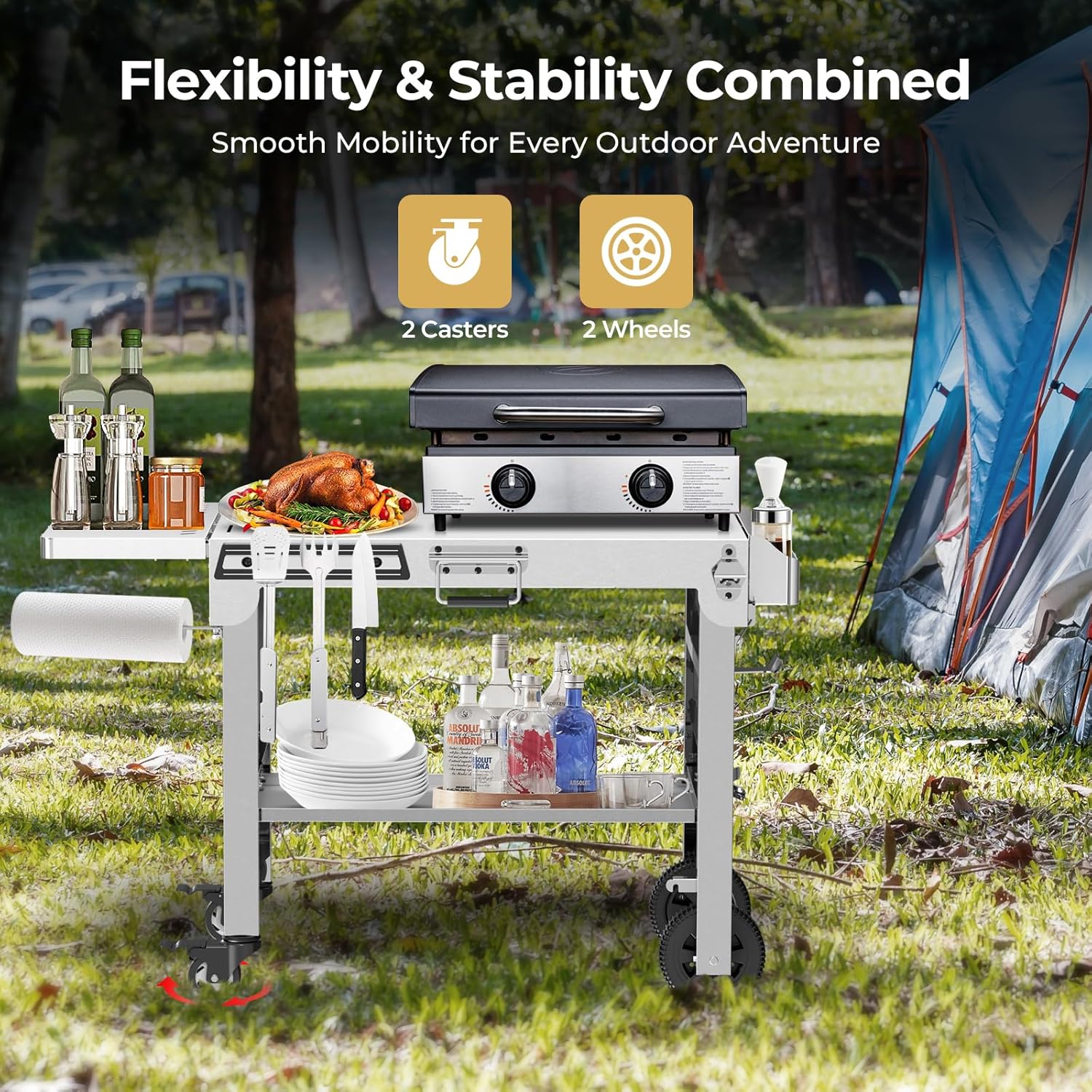 Portable Folding Grill Prep Table with Wheels, Stainless Steel BBQ Grill Stand for Camping, Tailgating and Outdoor Cooking T0130SA - Image 5