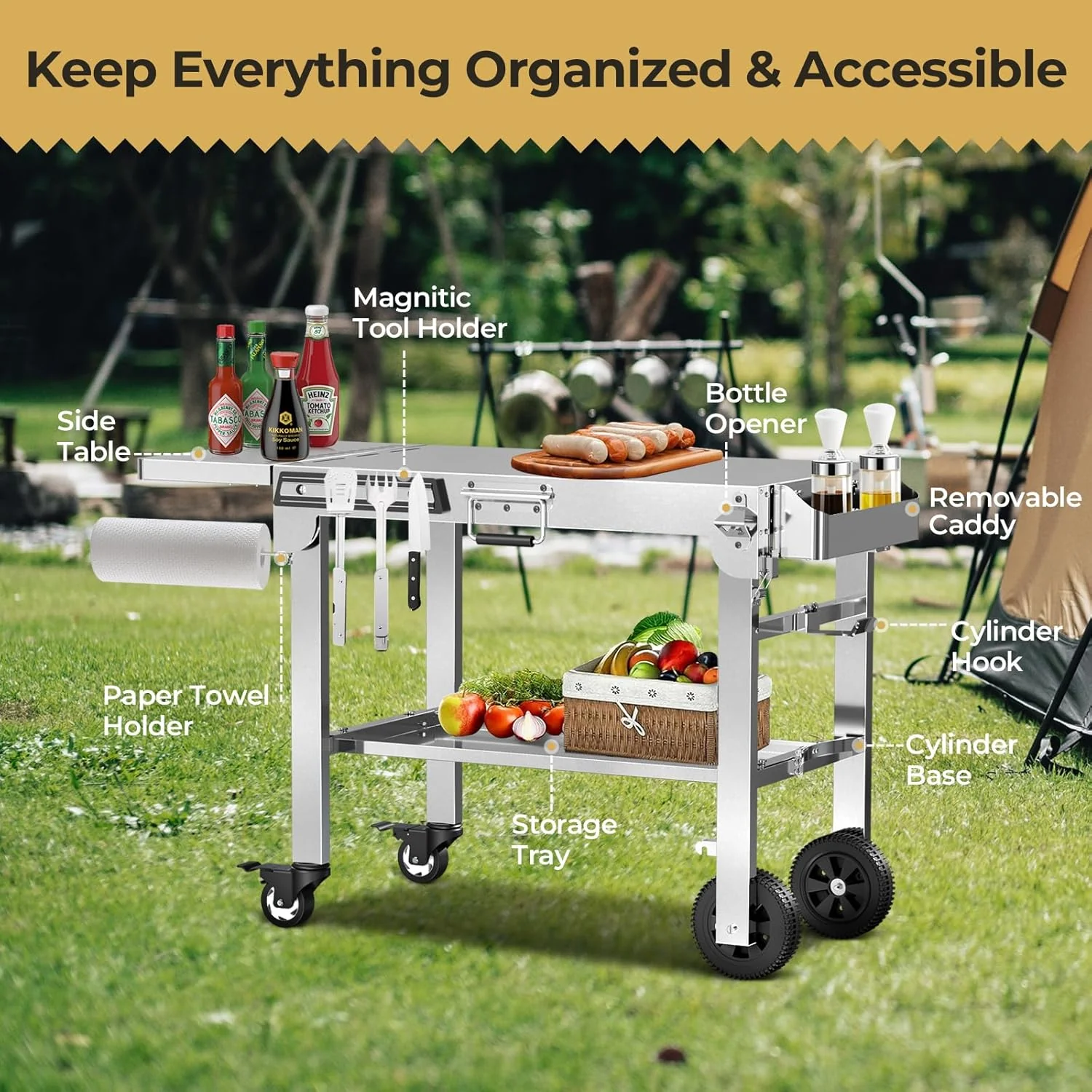 Portable Folding Grill Prep Table with Wheels, Stainless Steel BBQ Grill Stand for Camping, Tailgating and Outdoor Cooking T0130SA - Image 6