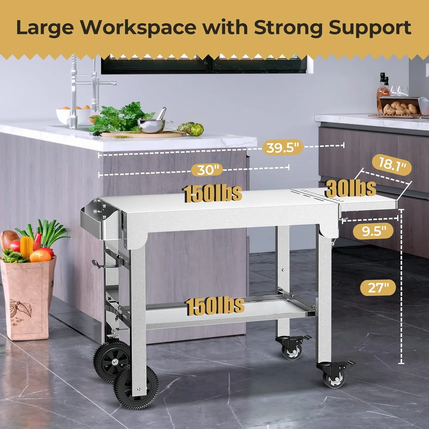 Portable Folding Grill Prep Table with Wheels, Stainless Steel BBQ Grill Stand for Camping, Tailgating and Outdoor Cooking T0130SA - Image 7