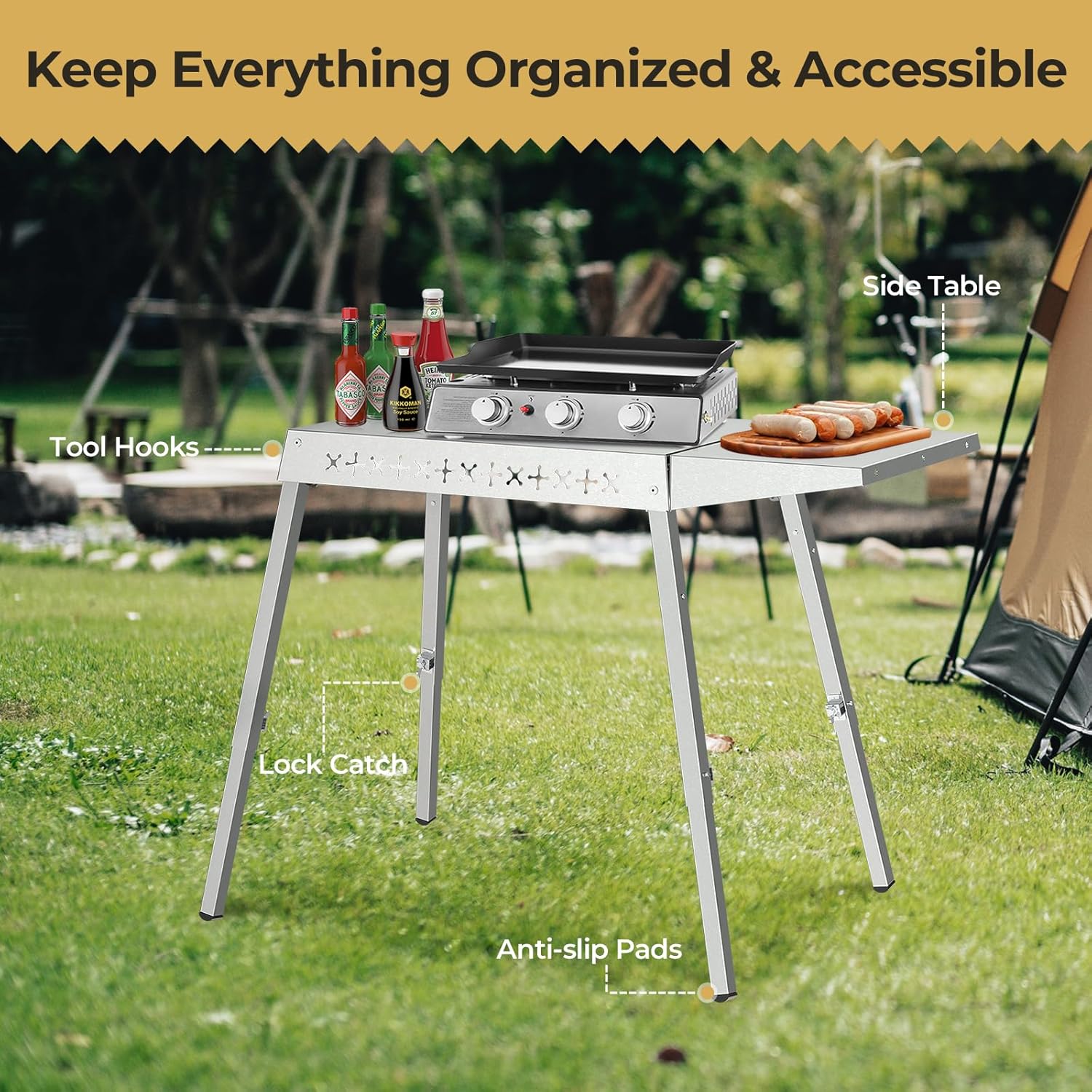 Portable Grill Prep Table with Adjustable and Folding Legs, 304 Stainless Steel BBQ Grill Stand for Tabletop Griddle and Pizza Oven T0124SA - Image 7