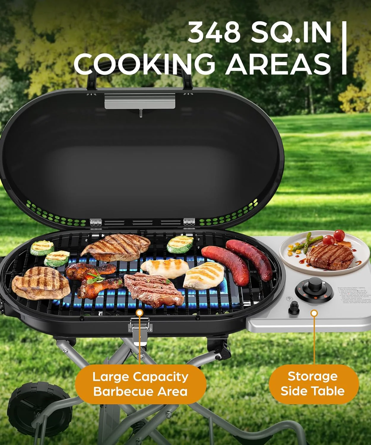 Portable  Propane Gas Grill, 15000BTUS, 348 SQ Inch  Cooking Areas, for Outdoor Camping/Tailgating/Picnic, Black - Image 5