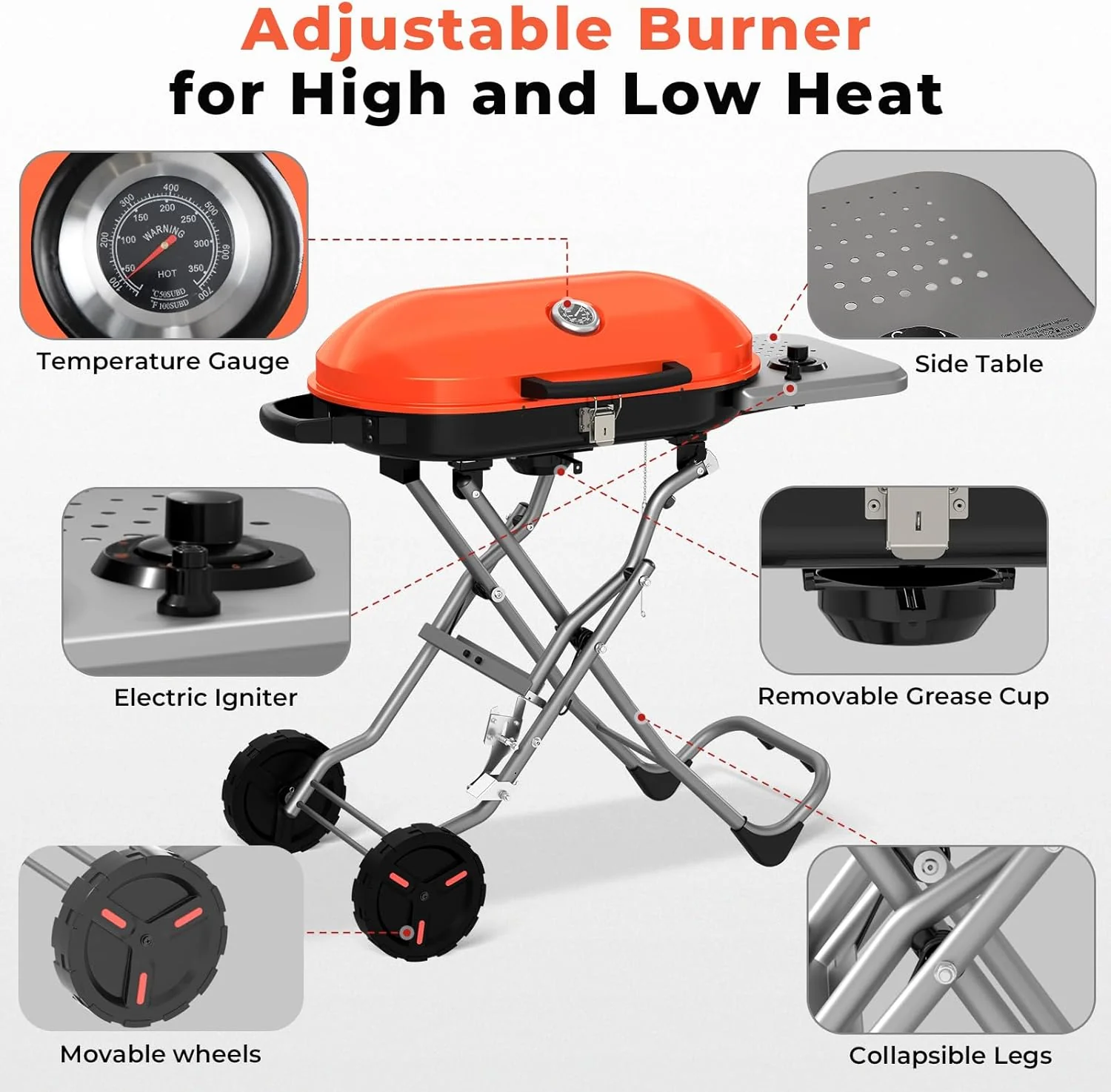 Portable  Propane Gas Grill, 15000BTUS, 348 SQ Inch  Cooking Areas, for Outdoor Camping/Tailgating/Picnic, Black - Image 8