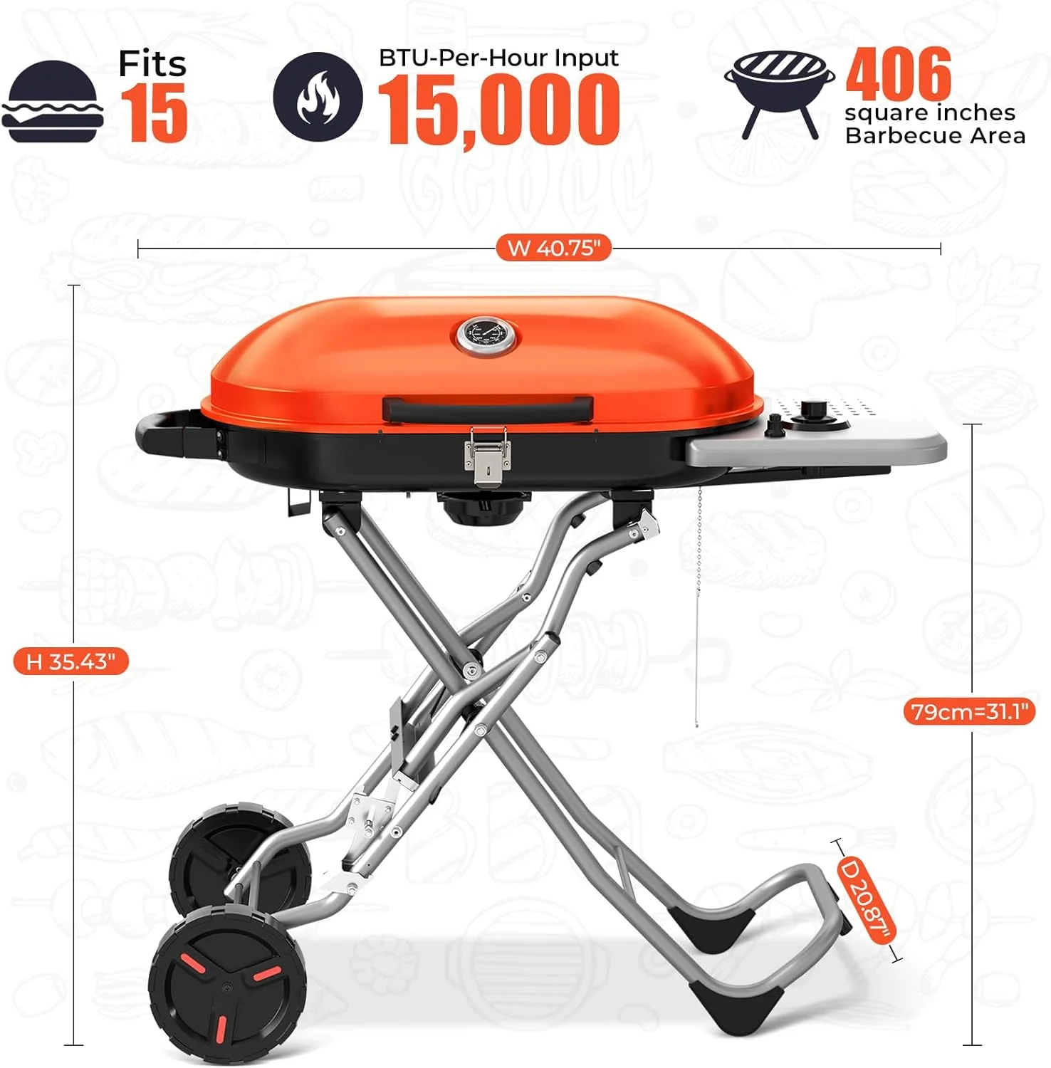 Portable  Propane Gas Grill, 15000BTUS, 348 SQ Inch  Cooking Areas, for Outdoor Camping/Tailgating/Picnic, Black - Image 9