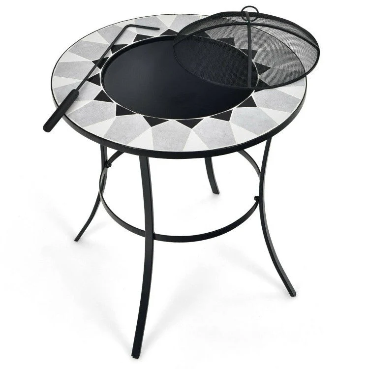 Portable Round Fire Pit Table with Mesh Cover and Fire Poker - Image 2
