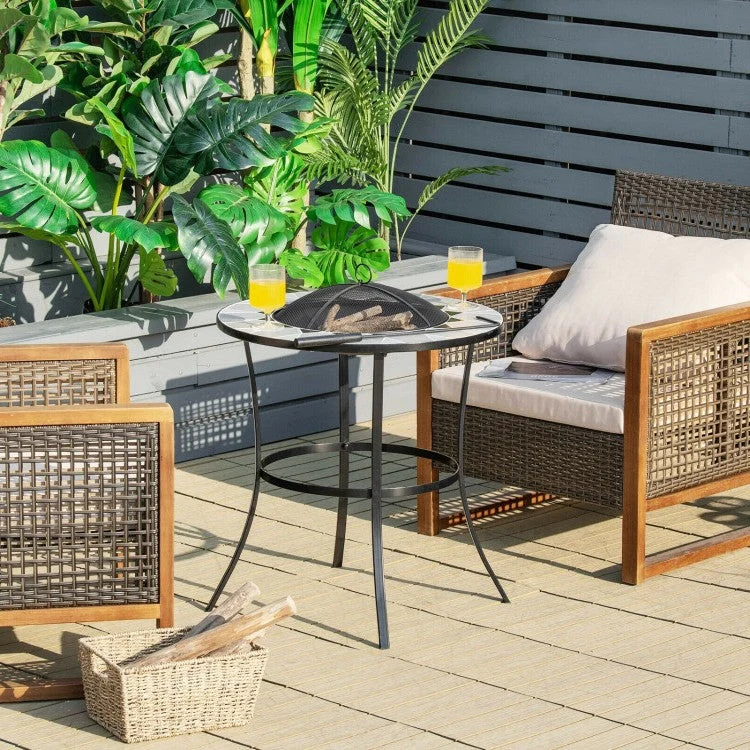 Portable Round Fire Pit Table with Mesh Cover and Fire Poker - Image 3