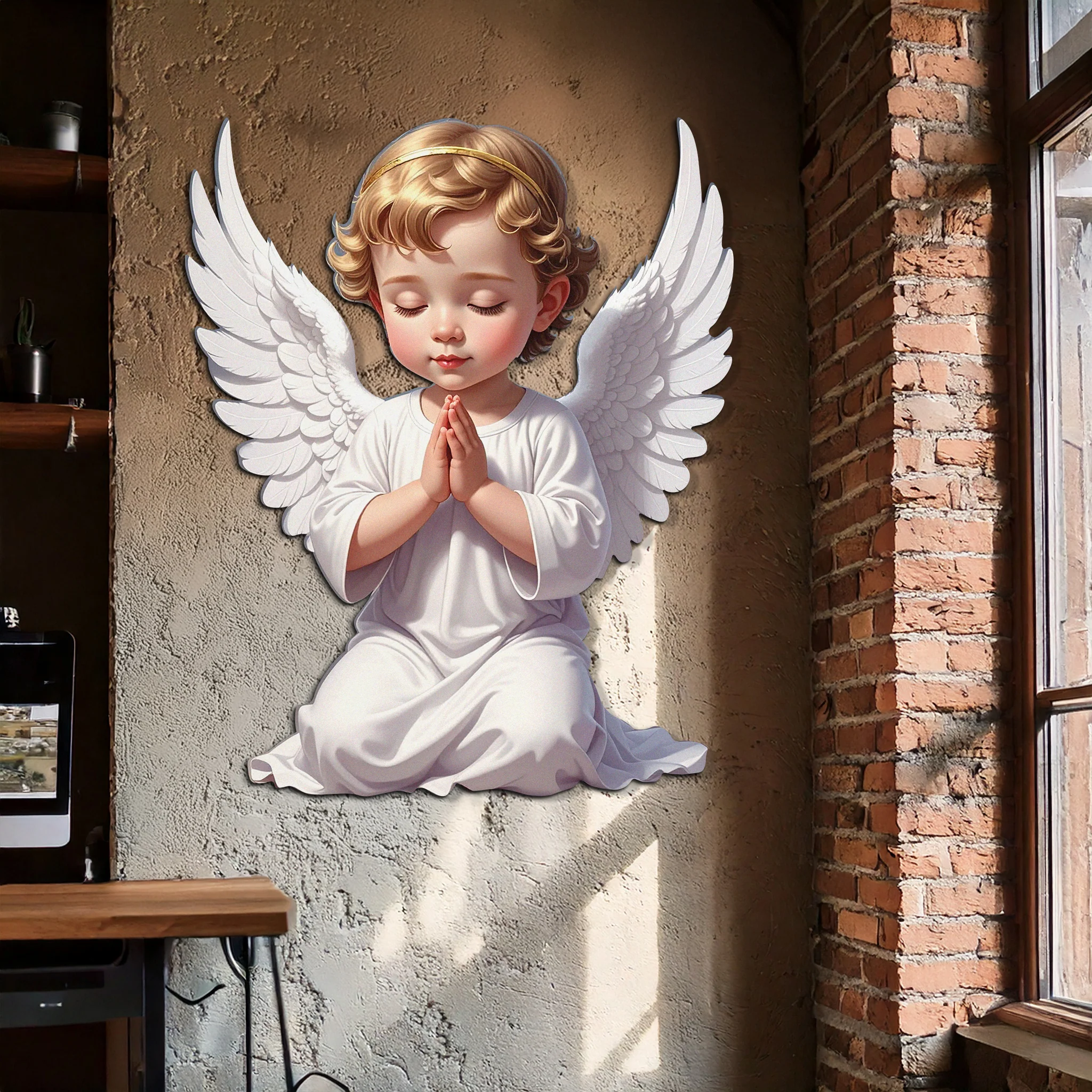 Praying Baby Angel Metal Wall Art – Religious Nursery Decor-KAFUVM020 - Image 2