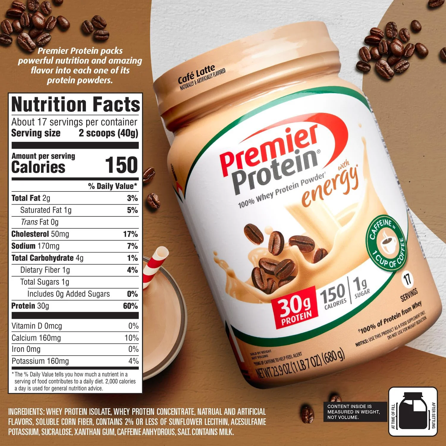 Premier Protein Powder, Café Latte, 30g Protein, 95mg Caffeine for Energy, No Added Sugar, 100% Whey Protein, Keto Friendly, Soy & Gluten Free, 23.9 oz, 17 Servings (Packaging May Vary) - Image 2