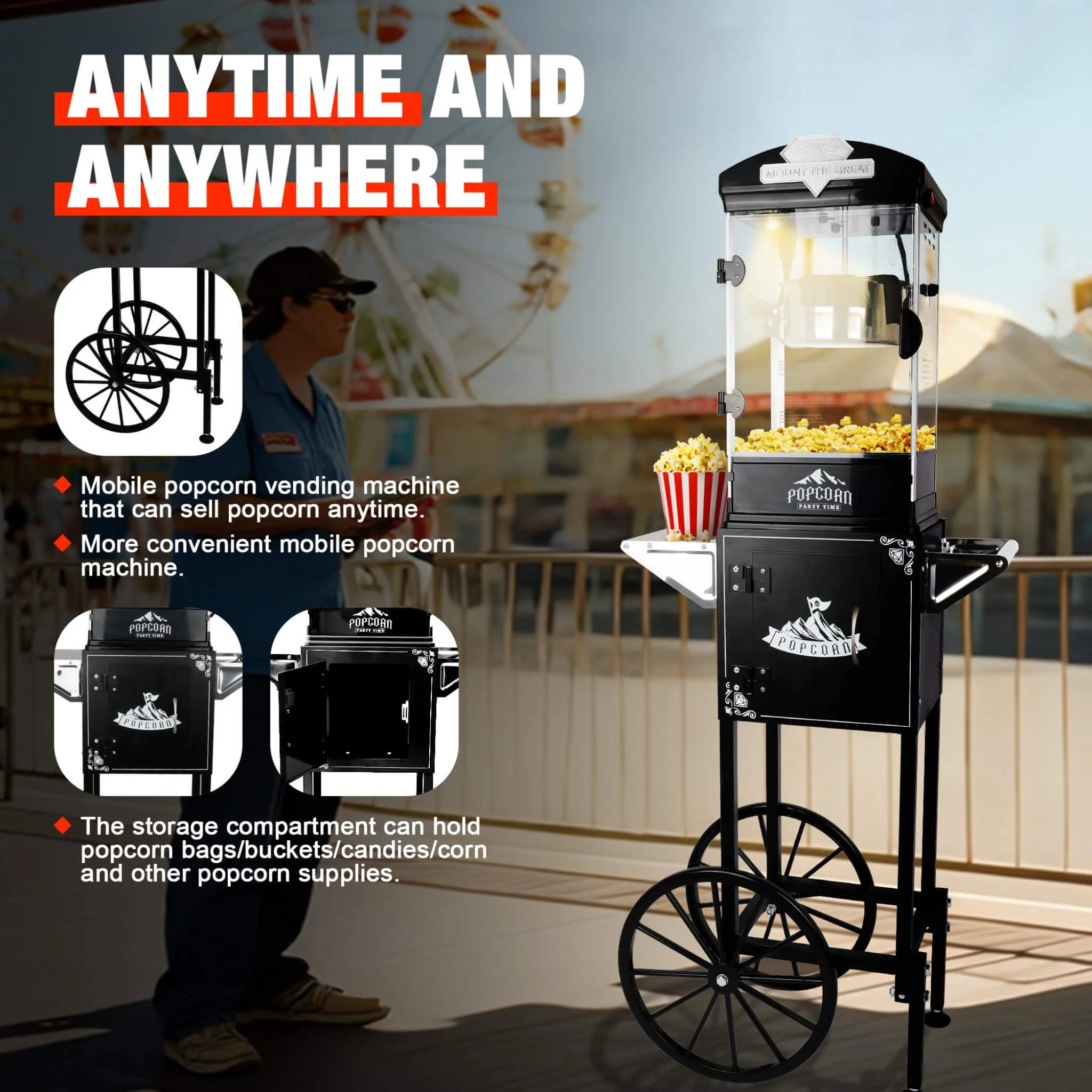 Premium 10OZ Portable Kettle Popcorn Maker Machine With Cart (SAK42196) - Image 3