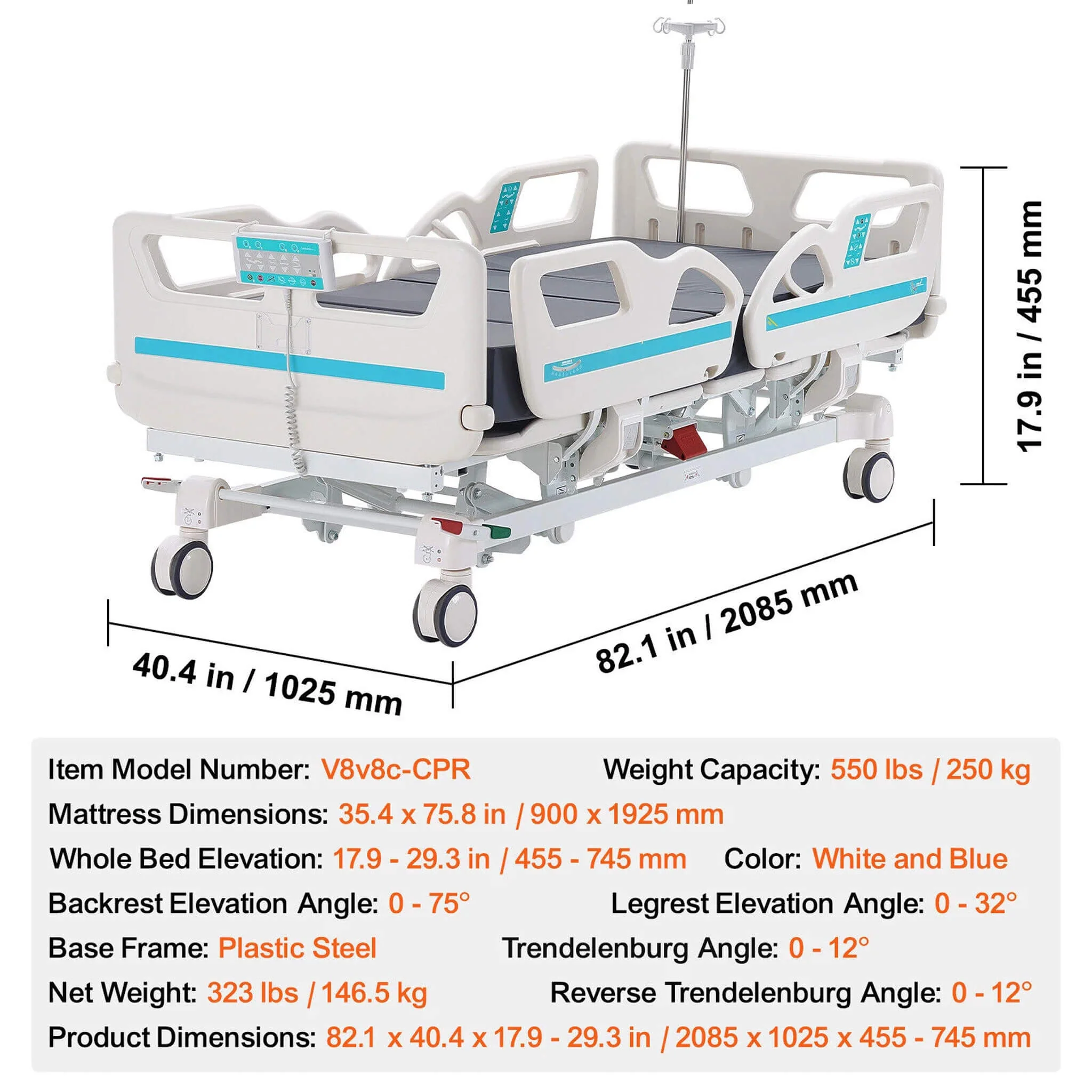 Premium 5-Function Electric Adjustable Medical Hospital Bed With Cardiac Position, 550LBS (SAK62312) - Image 8