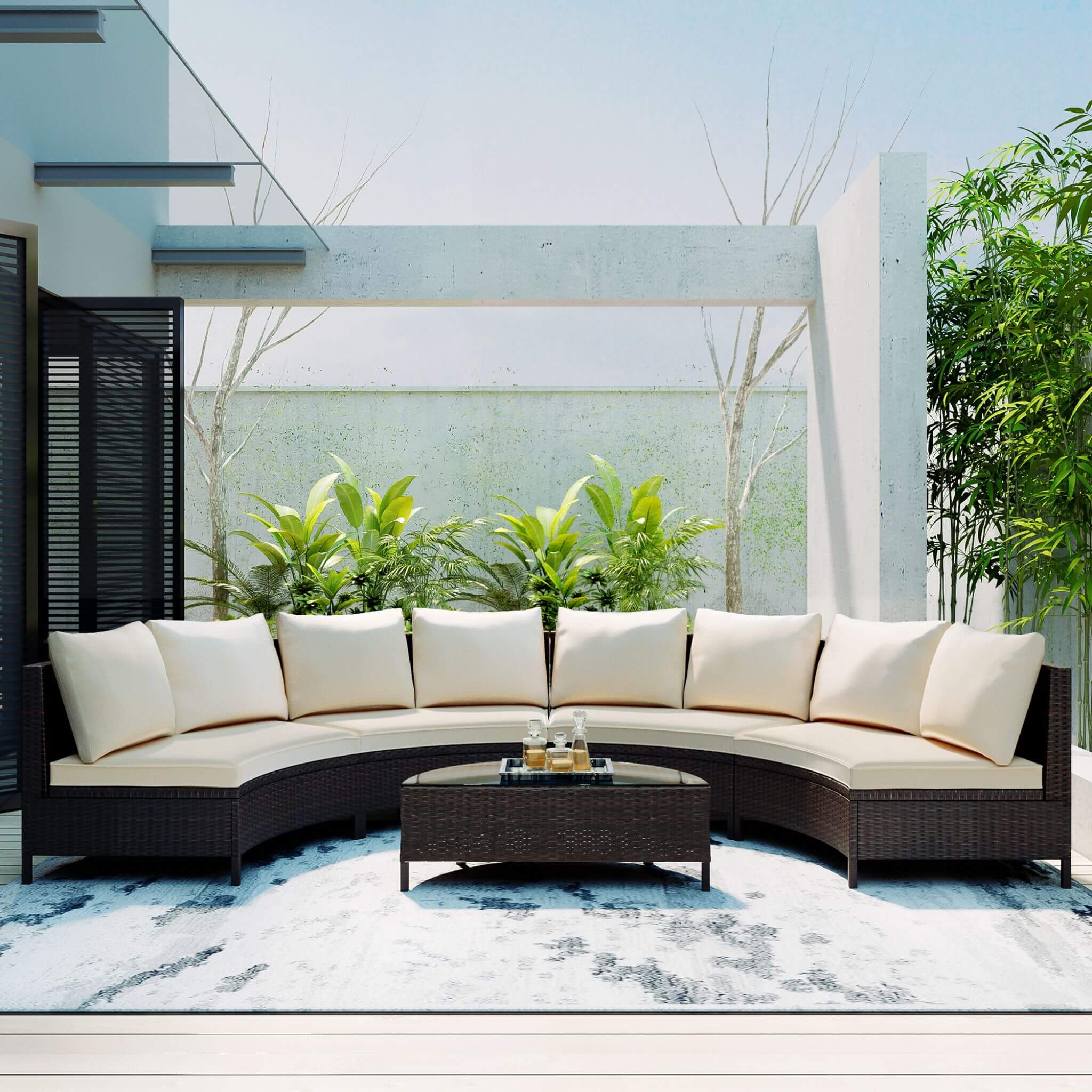 Alora Premium 5-Piece All-Weather Half-Moon Outdoor Rattan Wicker Patio Sectional Sofa Furniture Set With Tempered Glass Table (SAK32615) - Image 3