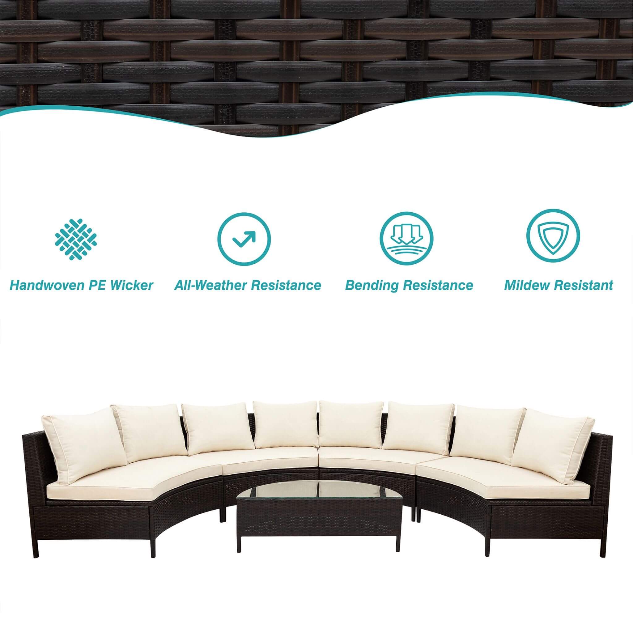 Alora Premium 5-Piece All-Weather Half-Moon Outdoor Rattan Wicker Patio Sectional Sofa Furniture Set With Tempered Glass Table (SAK32615) - Image 4