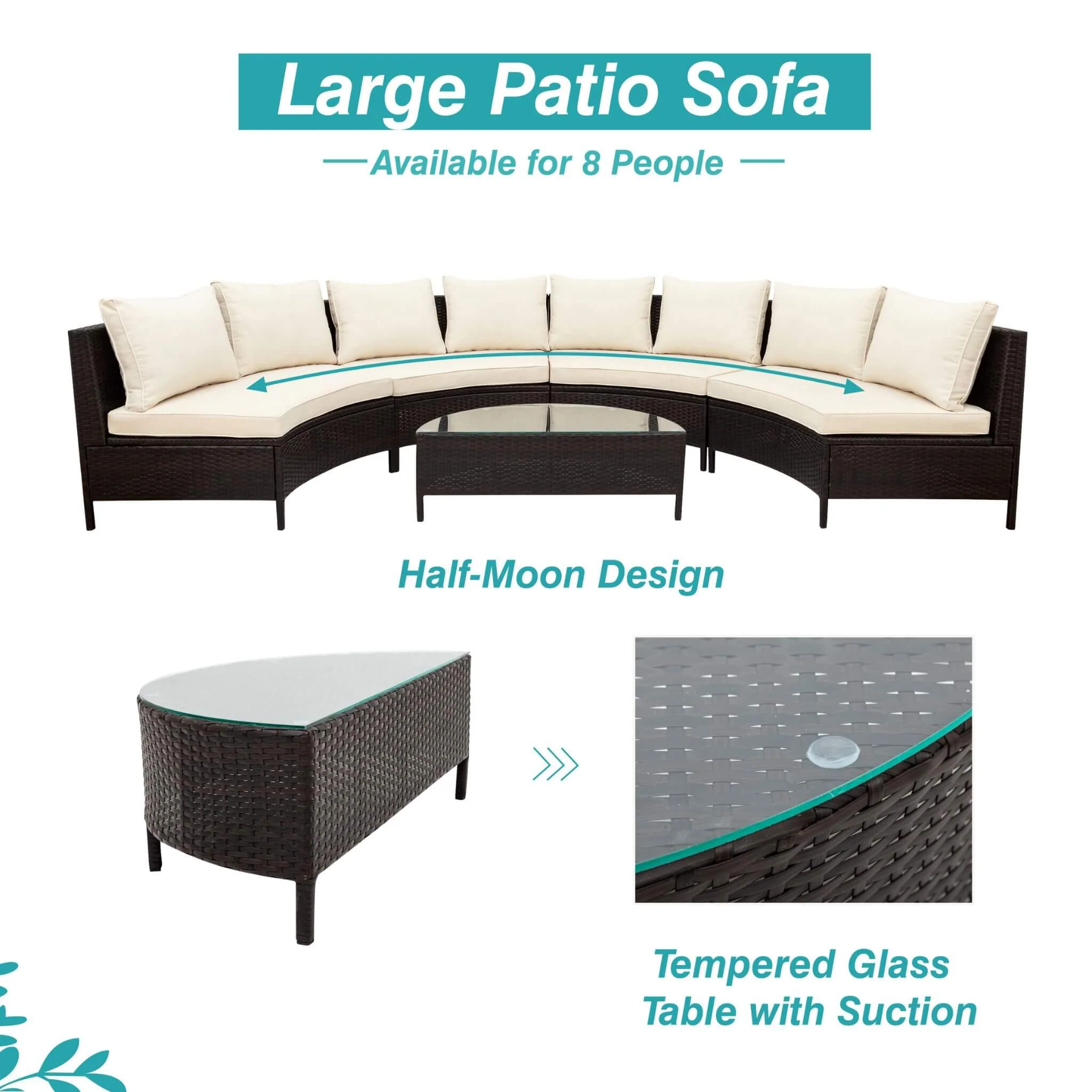Alora Premium 5-Piece All-Weather Half-Moon Outdoor Rattan Wicker Patio Sectional Sofa Furniture Set With Tempered Glass Table (SAK32615) - Image 5