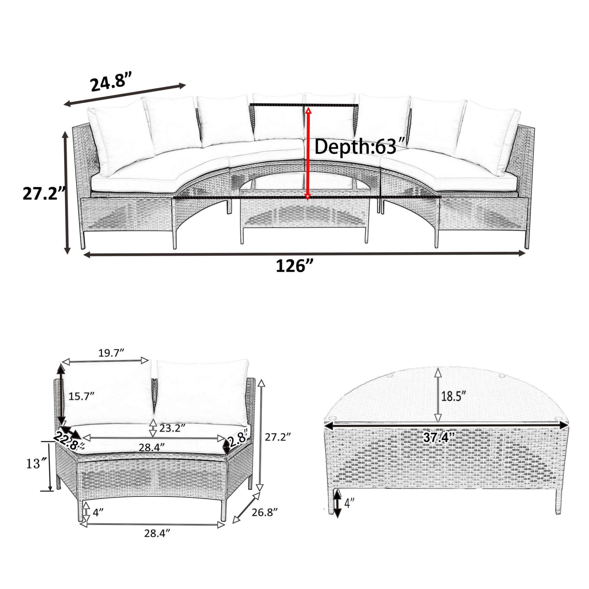 Alora Premium 5-Piece All-Weather Half-Moon Outdoor Rattan Wicker Patio Sectional Sofa Furniture Set With Tempered Glass Table (SAK32615) - Image 8