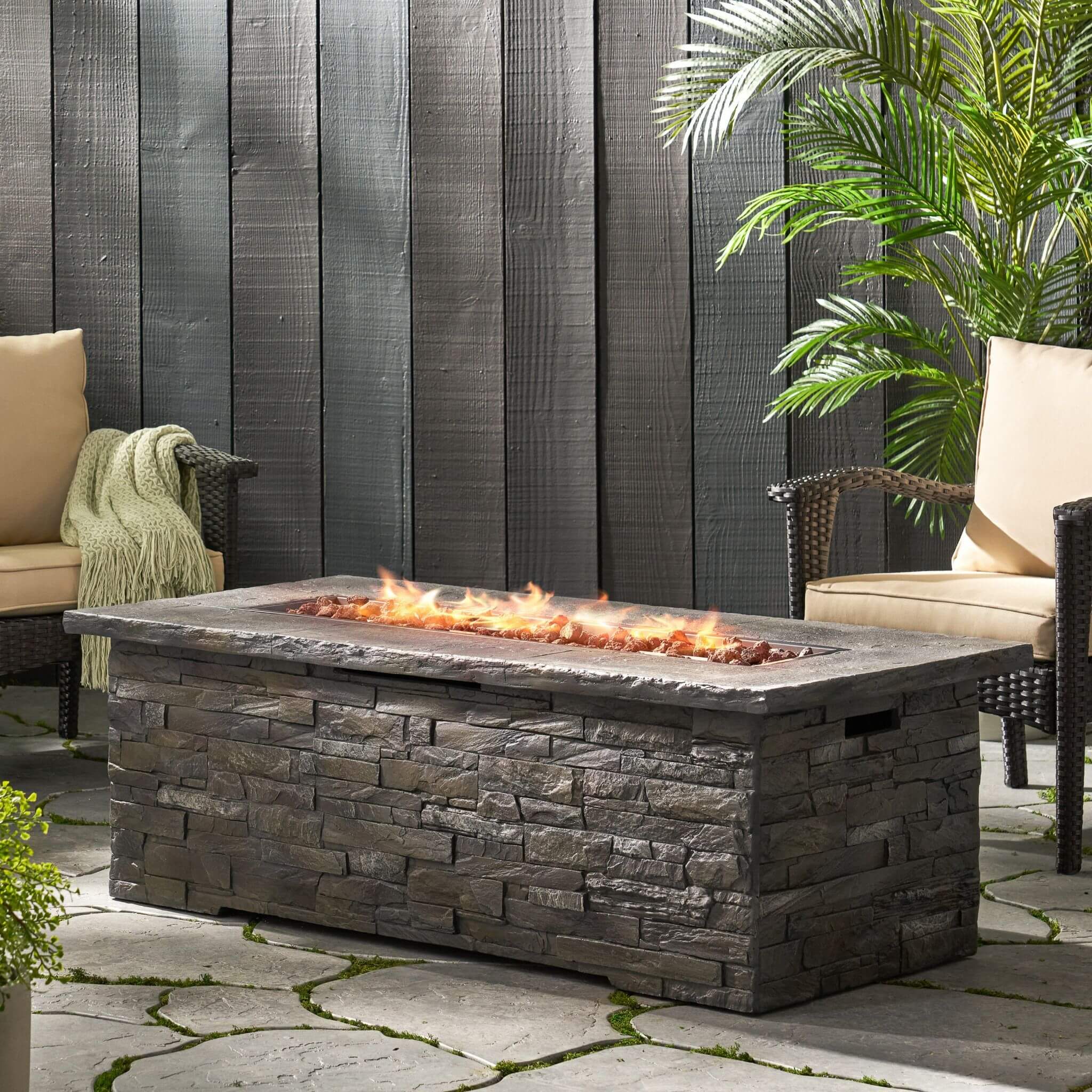 Alora Premium 56" Outdoor Rectangular Concrete Propane Fire Pit W/ Faux Stone Pattern, 50K BTU (SAK31845) - Image 4