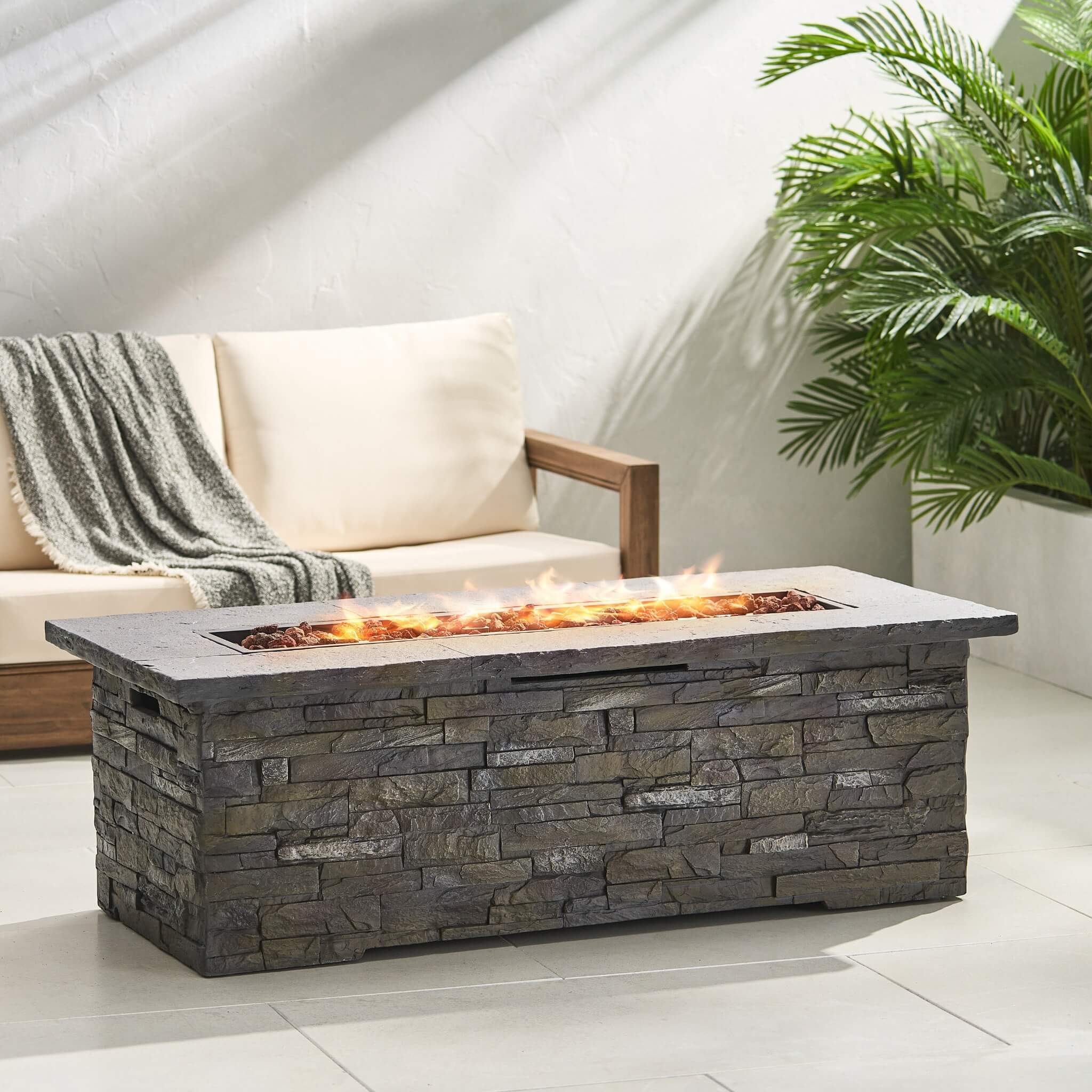 Alora Premium 56" Outdoor Rectangular Concrete Propane Fire Pit W/ Faux Stone Pattern, 50K BTU (SAK31845) - Image 6